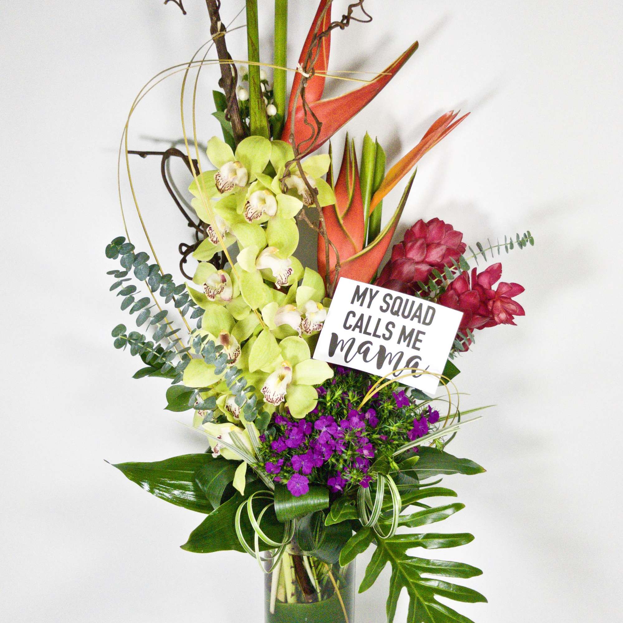 Tall Exotic Tropical Floral Arrangement with Heliconias, Gingers, Cymbidium Orchids, Dianthus, and