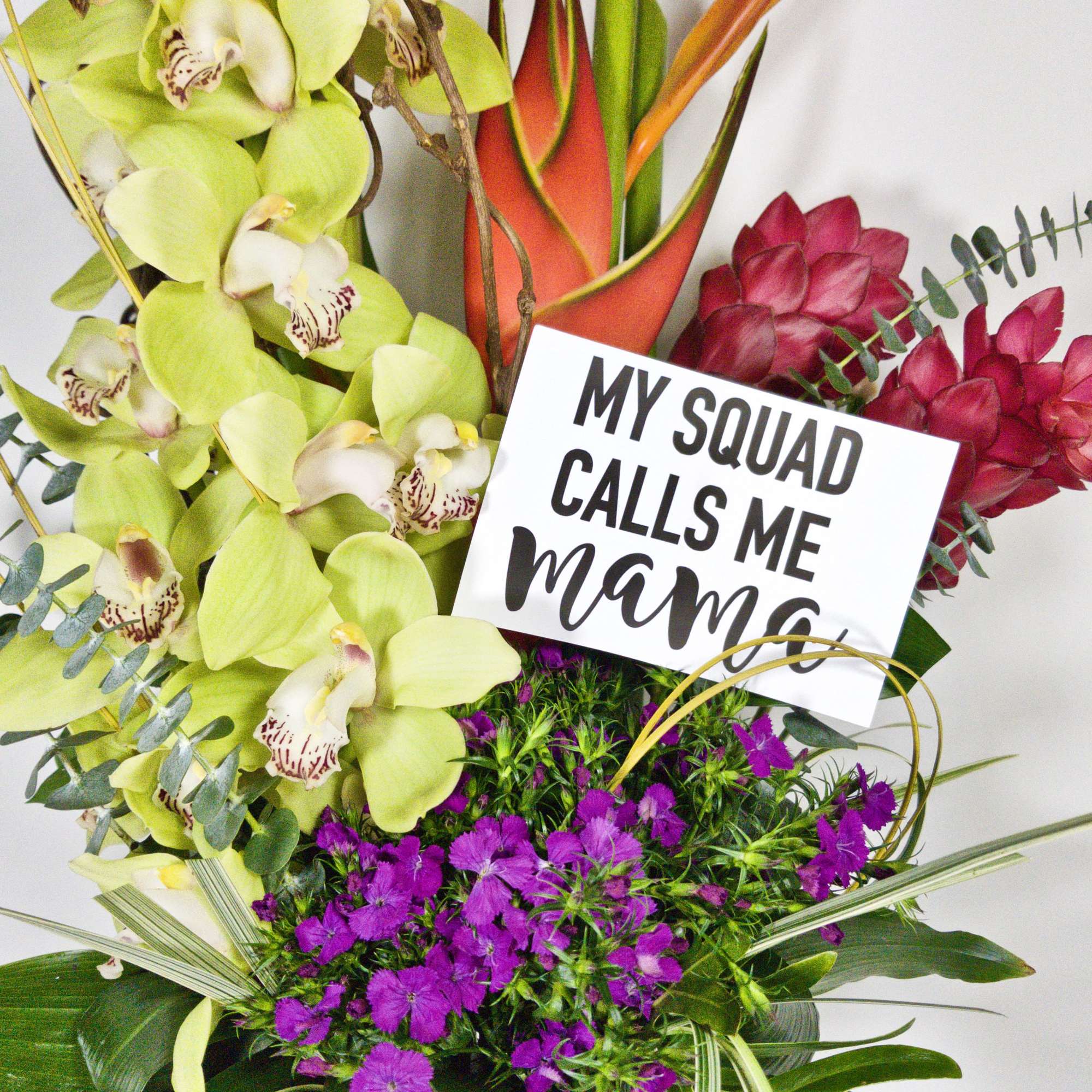 Tall Exotic Tropical Floral Arrangement with Heliconias, Gingers, Cymbidium Orchids, Dianthus, and