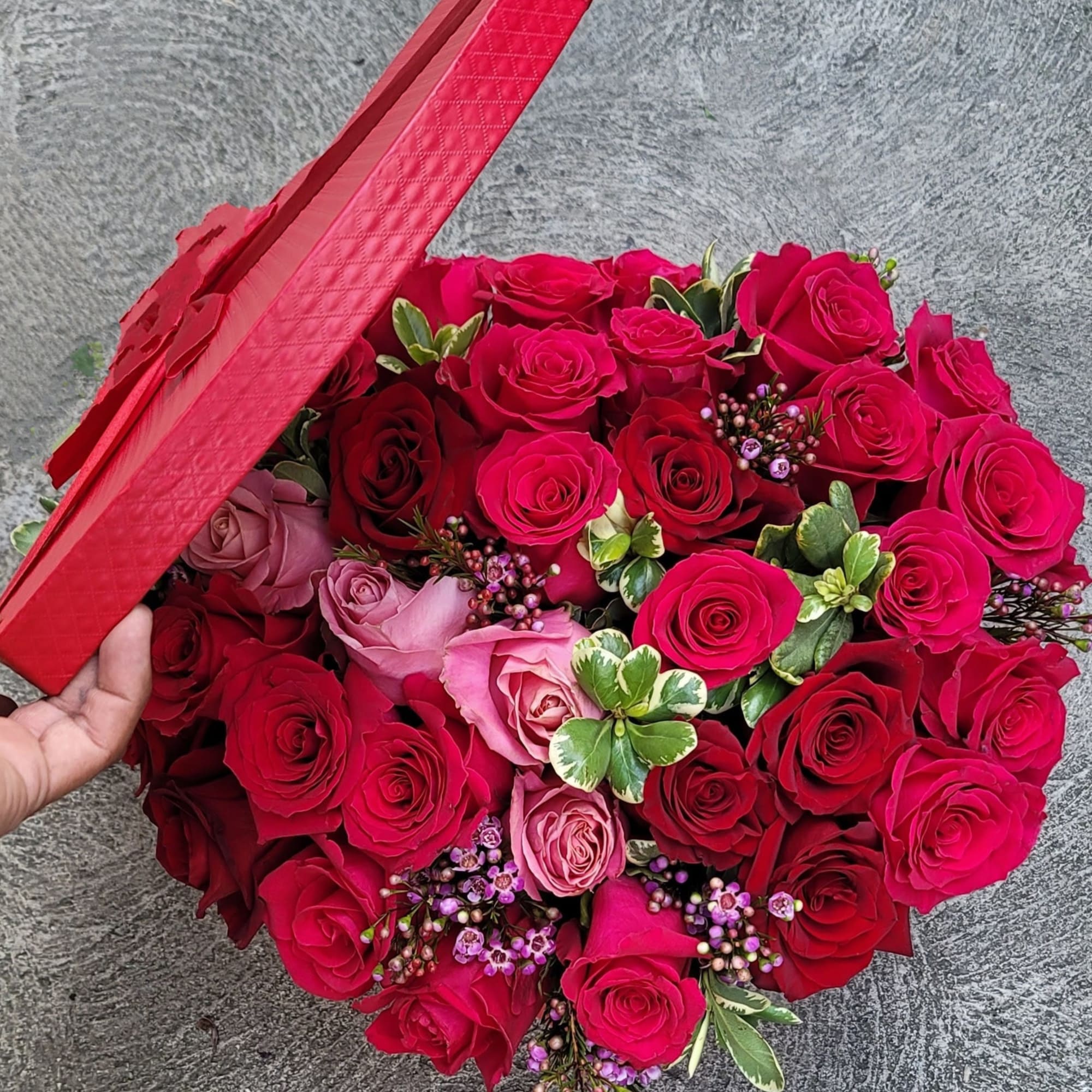 Beautiful Heart Shape Boxes stuffed with roses and greenery. 
Standard prices are