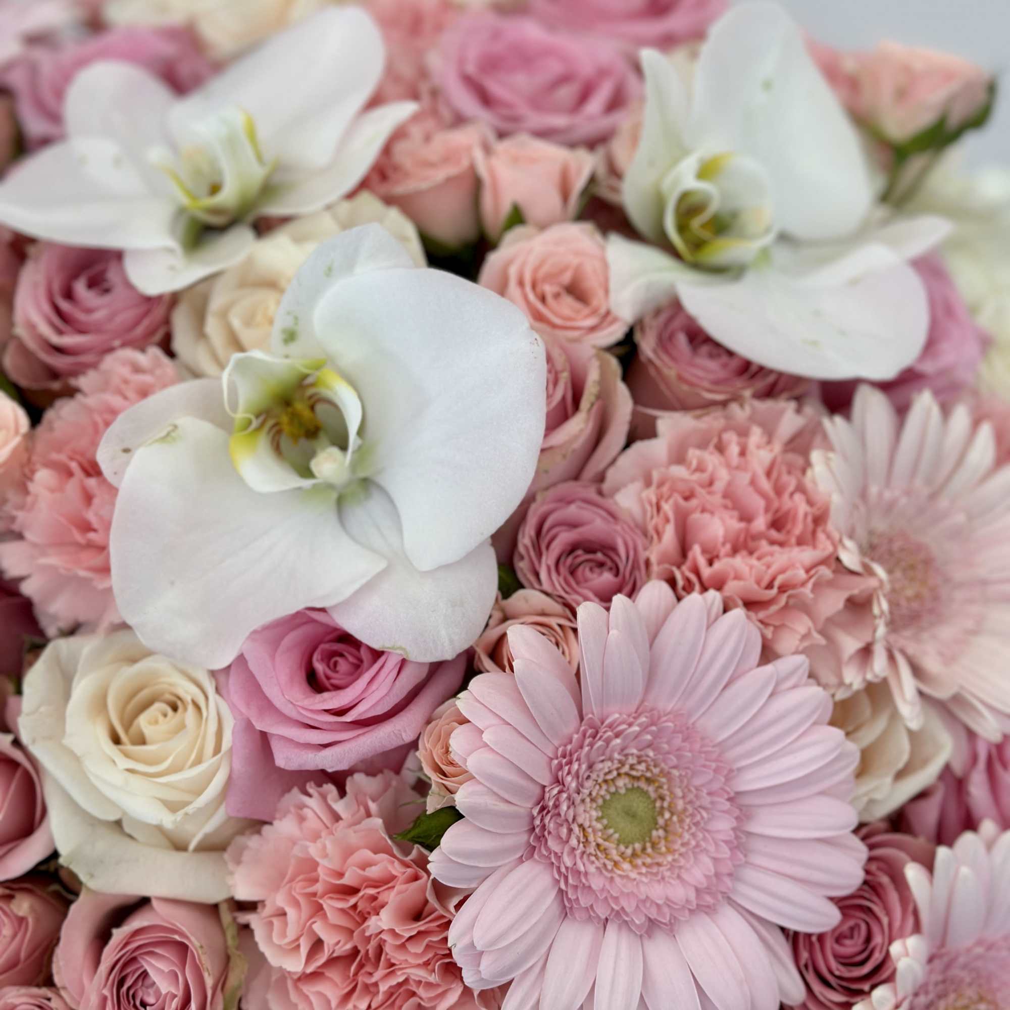 Unveil a touch of elegance with this pink box of beautiful flowers.