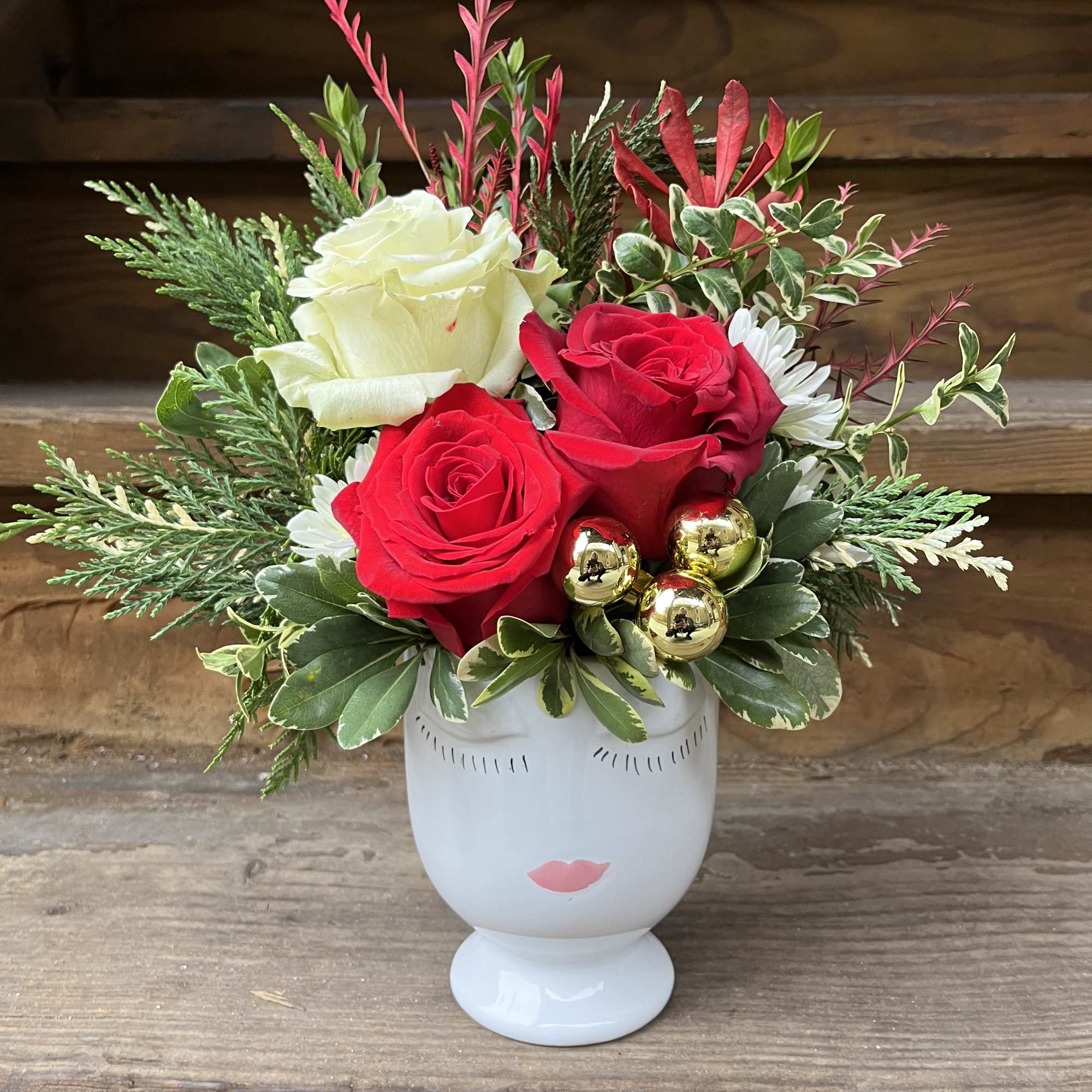 Face vase with floral accents available 2 sizes - flowers will vary