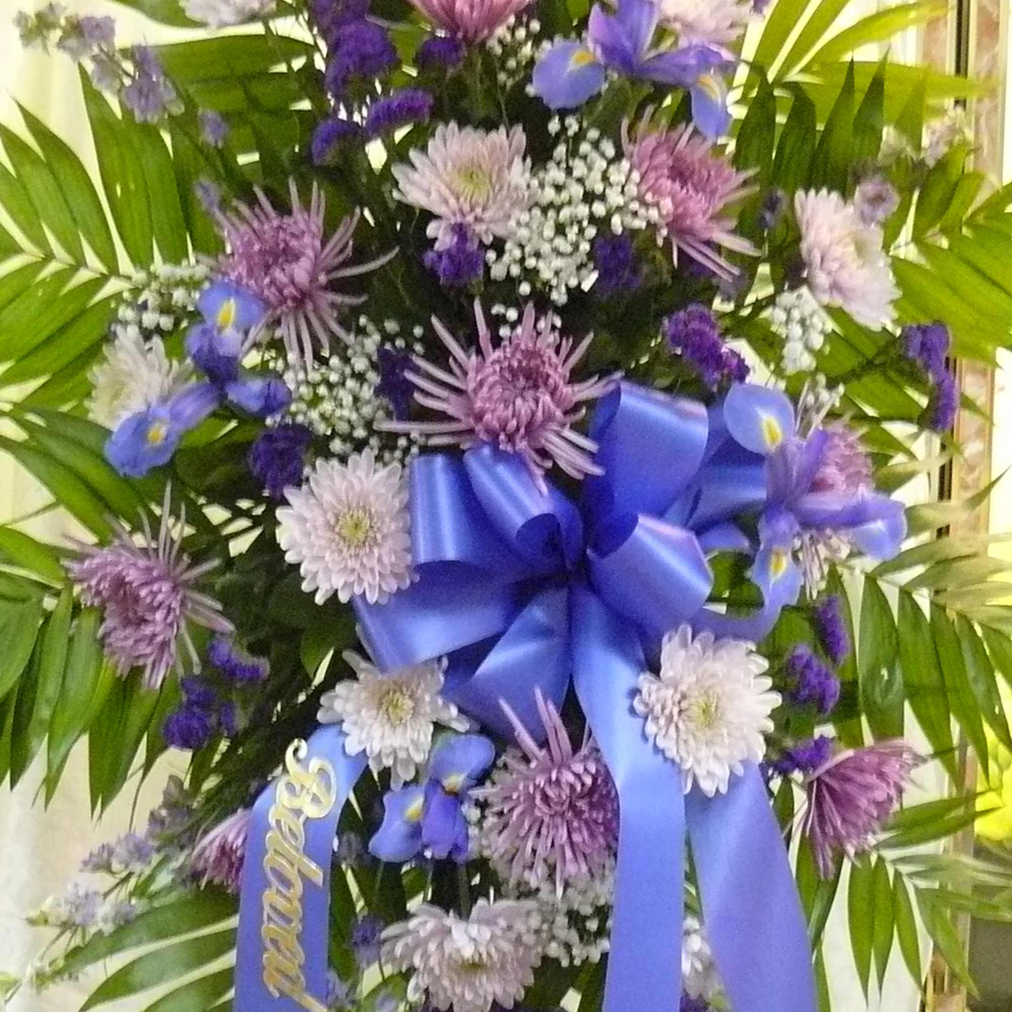 Call for Choice of Colors.  Flowers: Cremons, Spider Mums, Statice, Iris Call for Choice of Colors.  Flowers: Cremons, Spider Mums, Statice, Iris