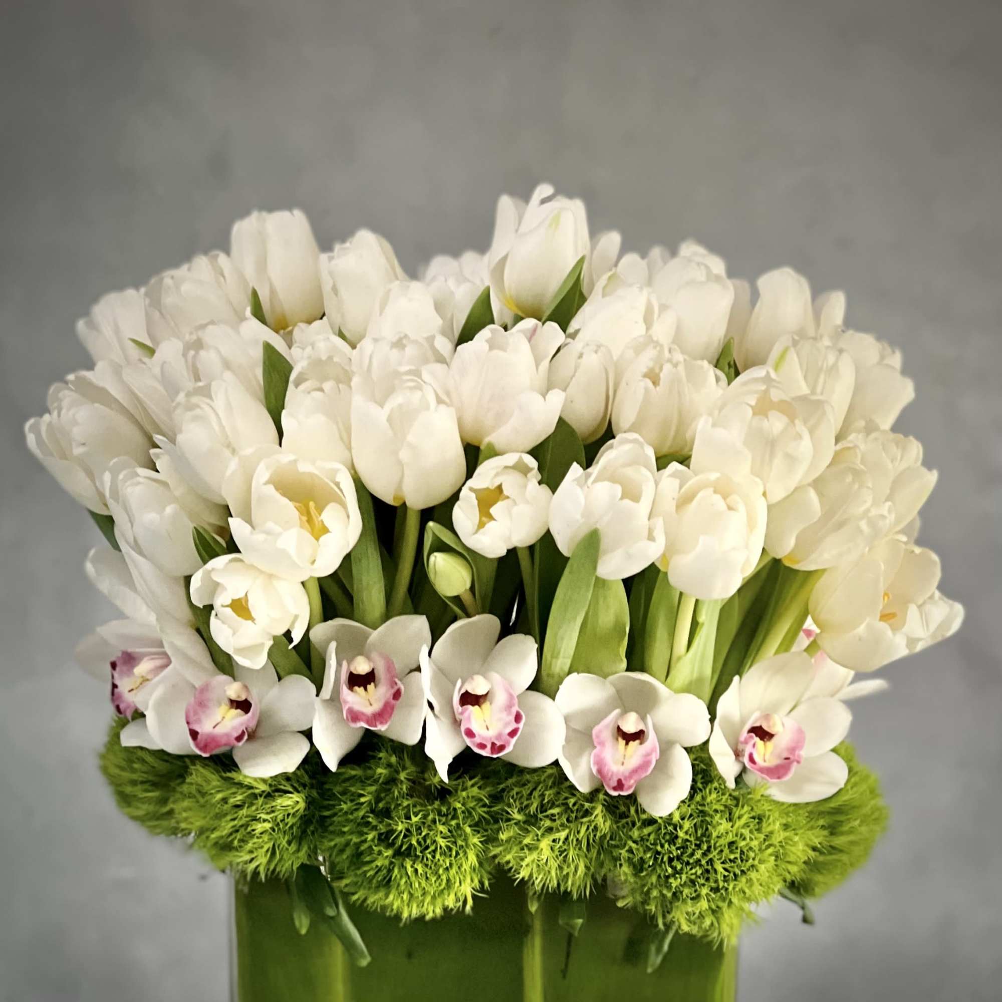 Amaze someone with this striking bouquet of tall Dutch Tulips and Orchids