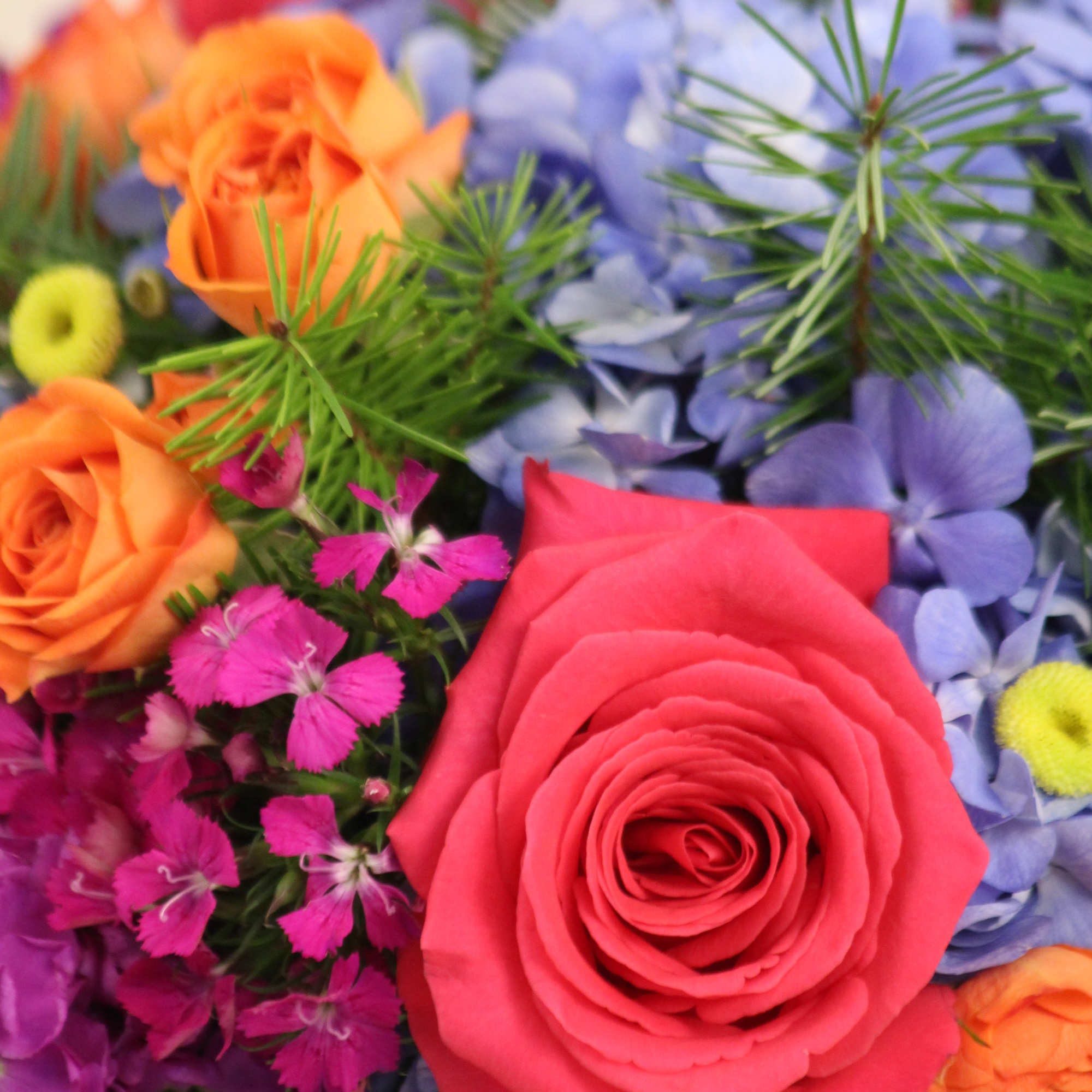 A festive holiday arrangement in a glass cylinder vase accented with glitters