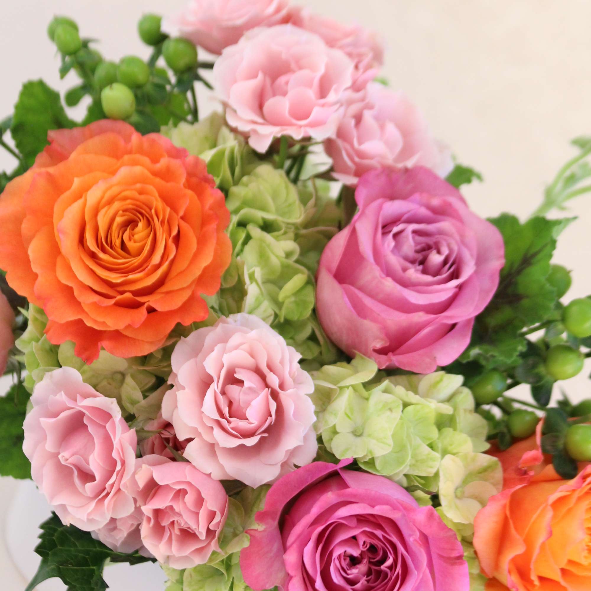 A striking colors of orange, light pink, lavender and lime green flowers