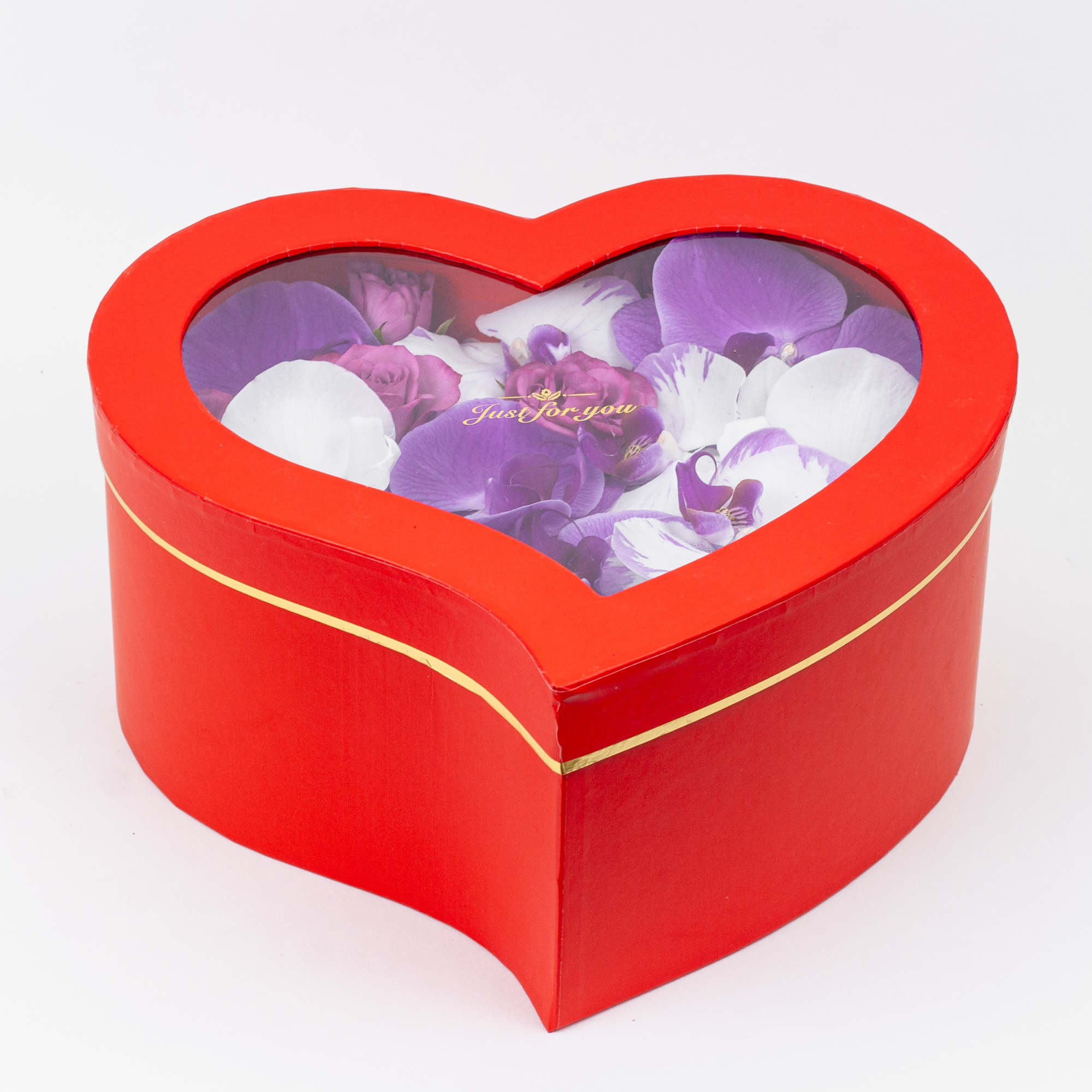 Heart Box made of spray roses, hydrangea, and blossoms of phalaenopsis orchids.