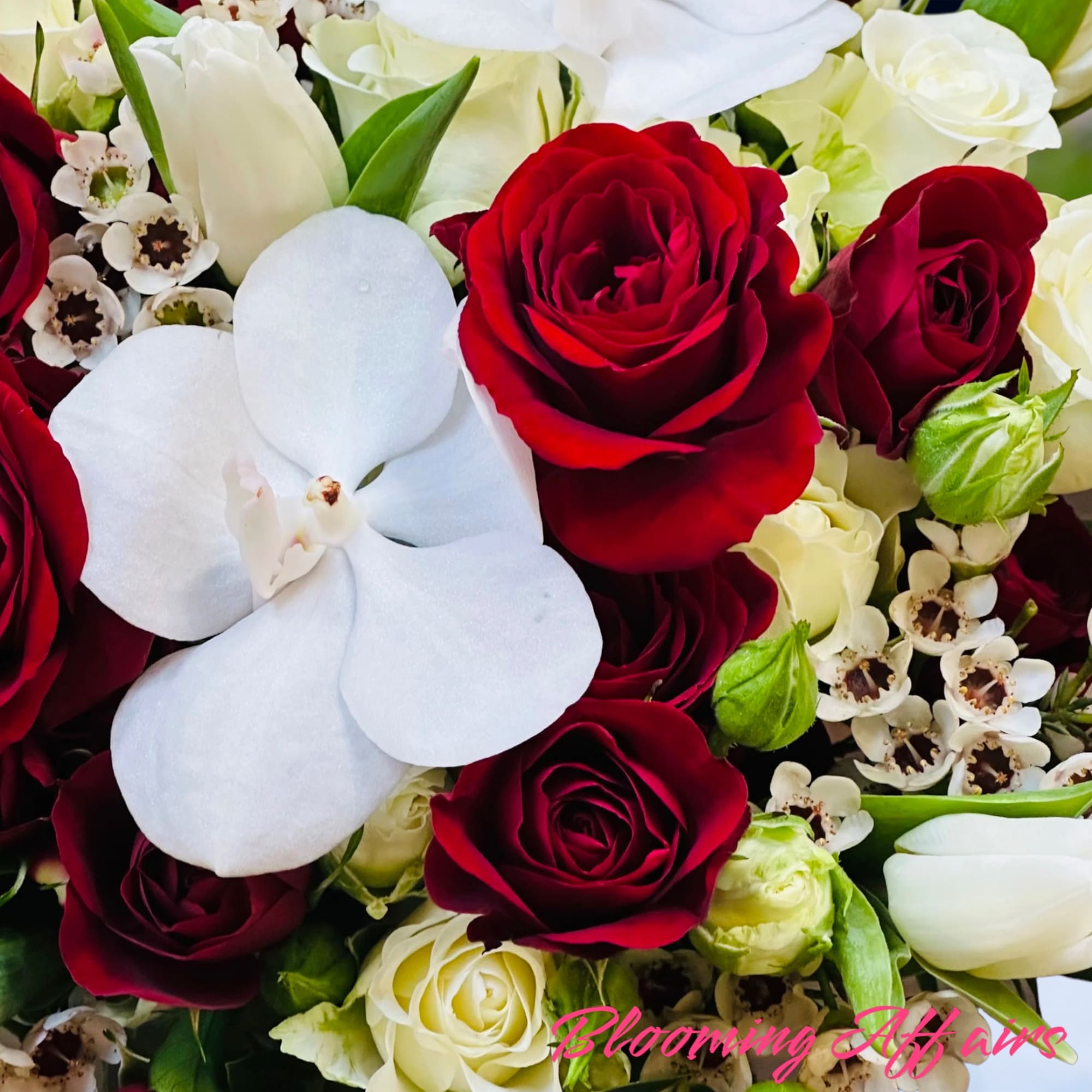 Red and white spray roses, white orchids and tulips.