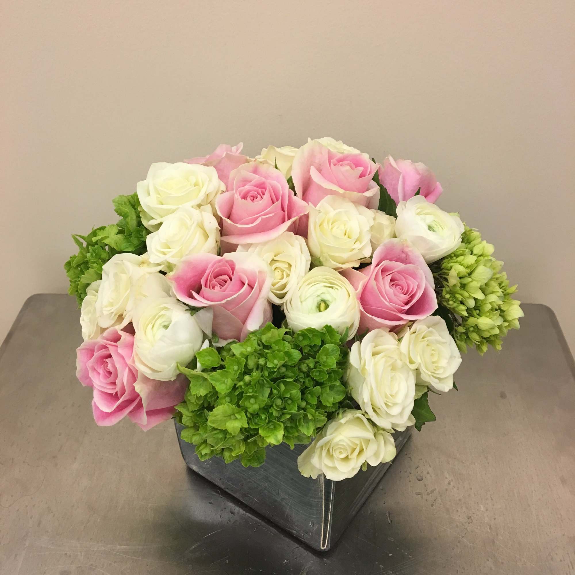 Roses, ranunculus, Hydrangeas 
