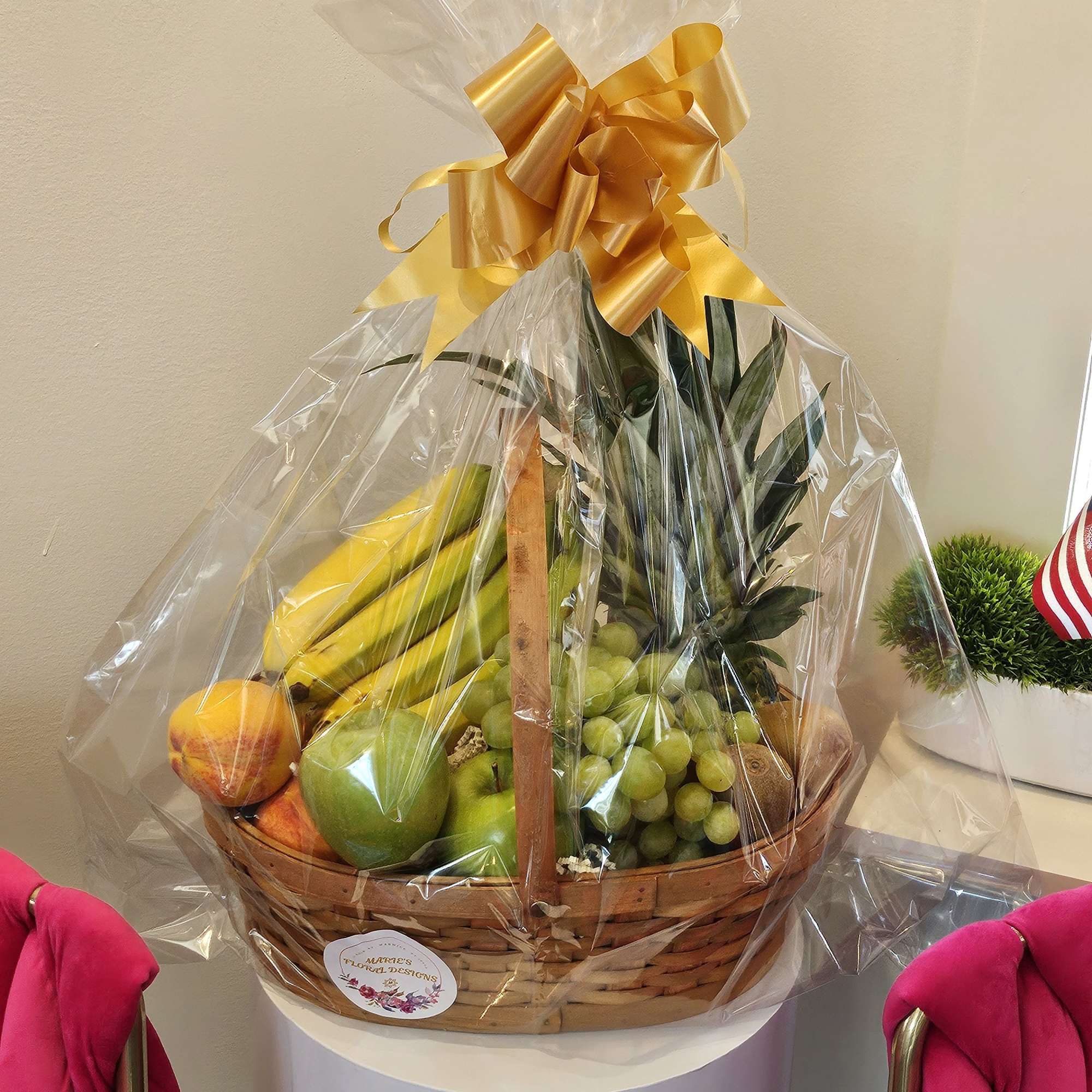 Fruit basket, nicely wrapped, perfect gift for all occasions. 