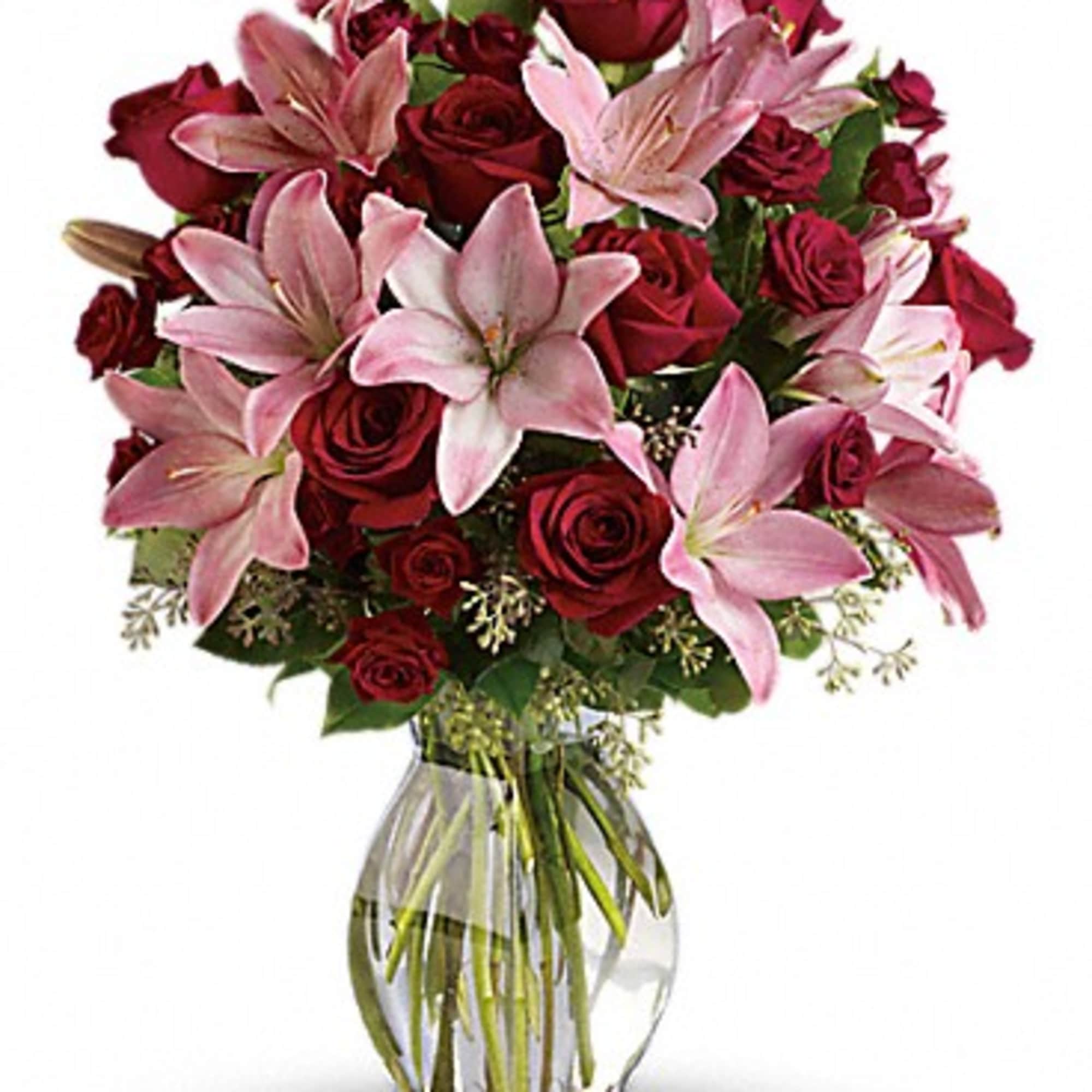 Lovely reds and pinks come together in this lavishly romantic anniversary gift.