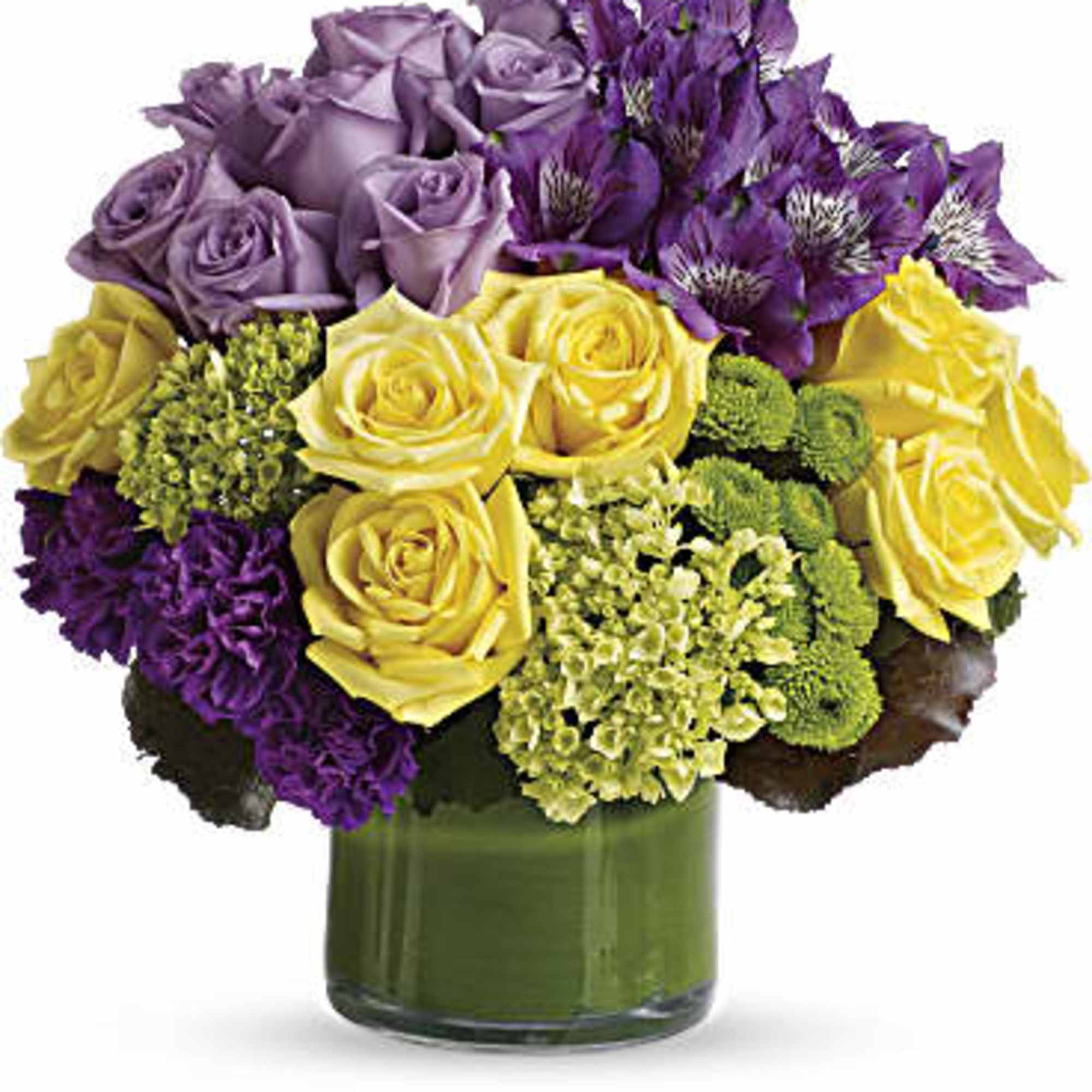 This chic arrangement includes miniature green hydrangea, lavender and yellow roses, purple
