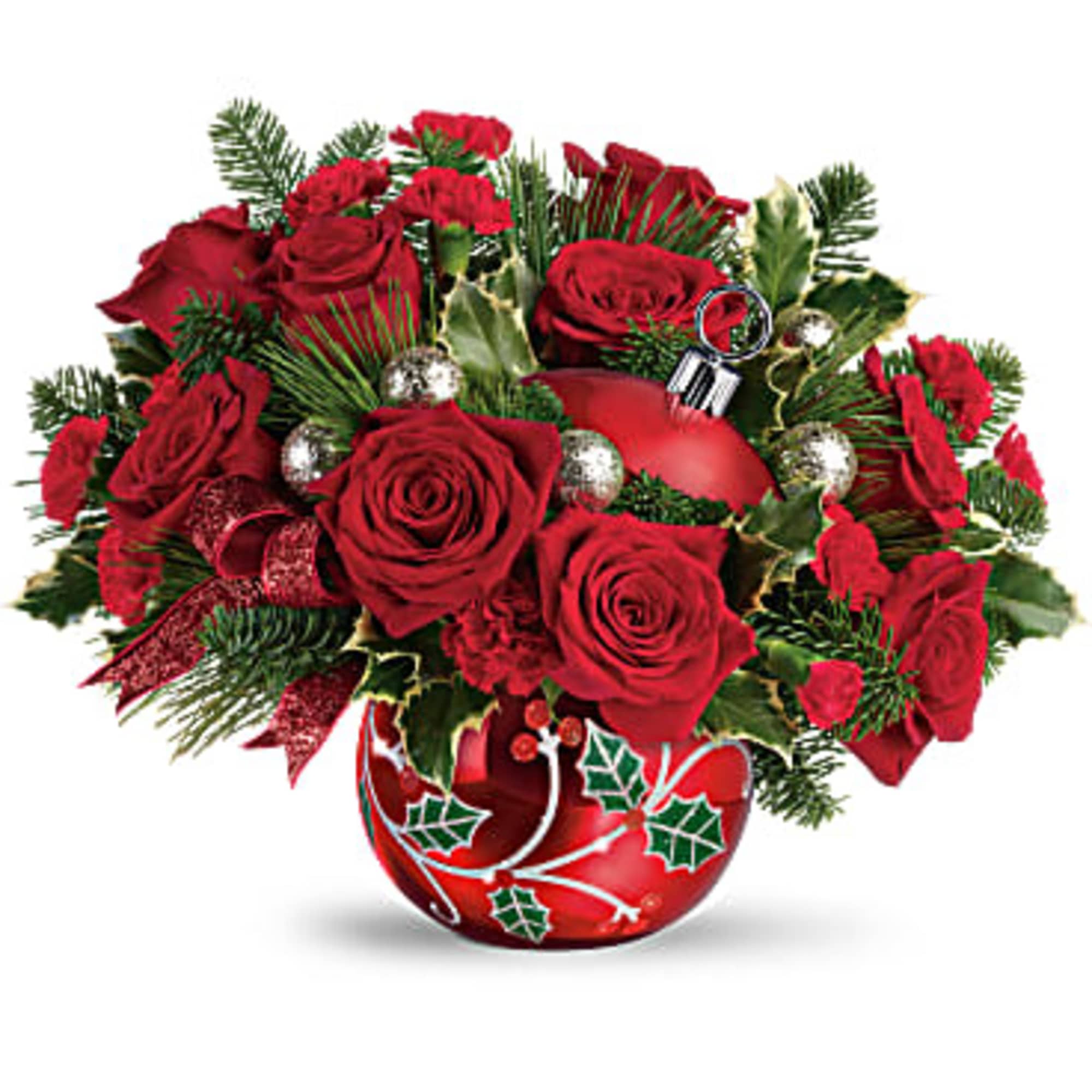 Hand-glazed with a shimmering finish and jolly holly details, this keepsake ornament