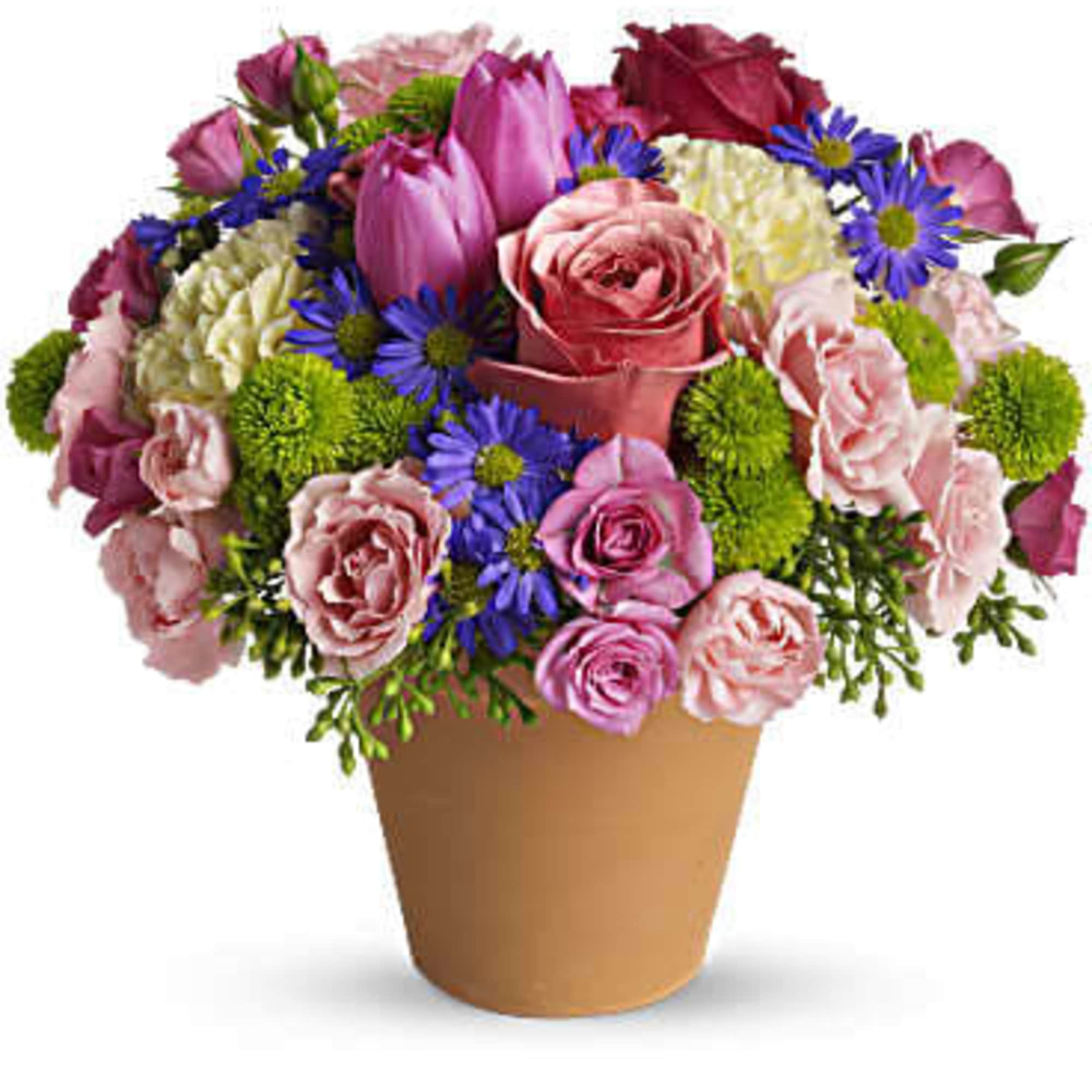 A warm terra-cotta pot and lots of fun colors give this bouquet