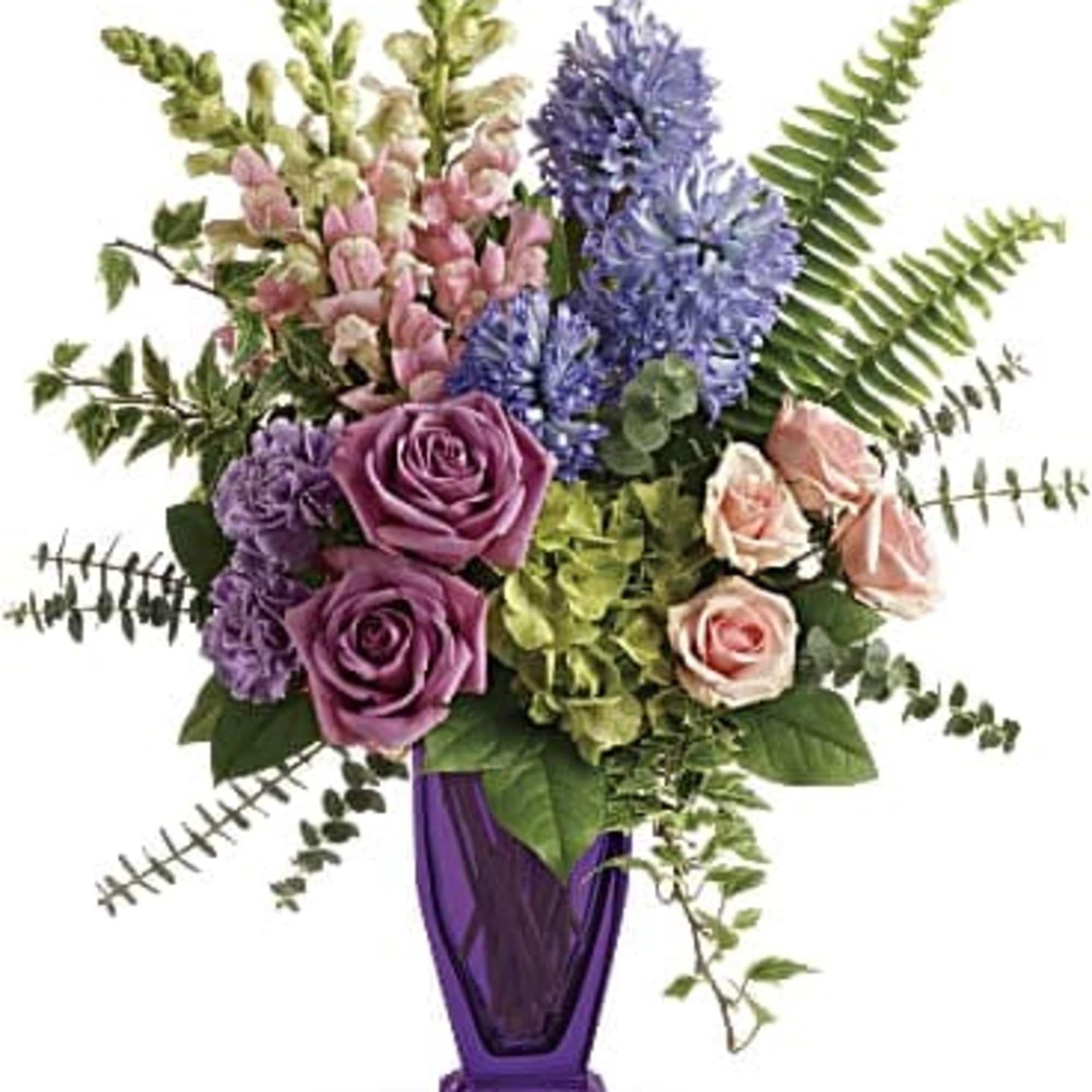 Impressionist inspired, this painterly bouquet of green hydrangea, pink roses and lavender
