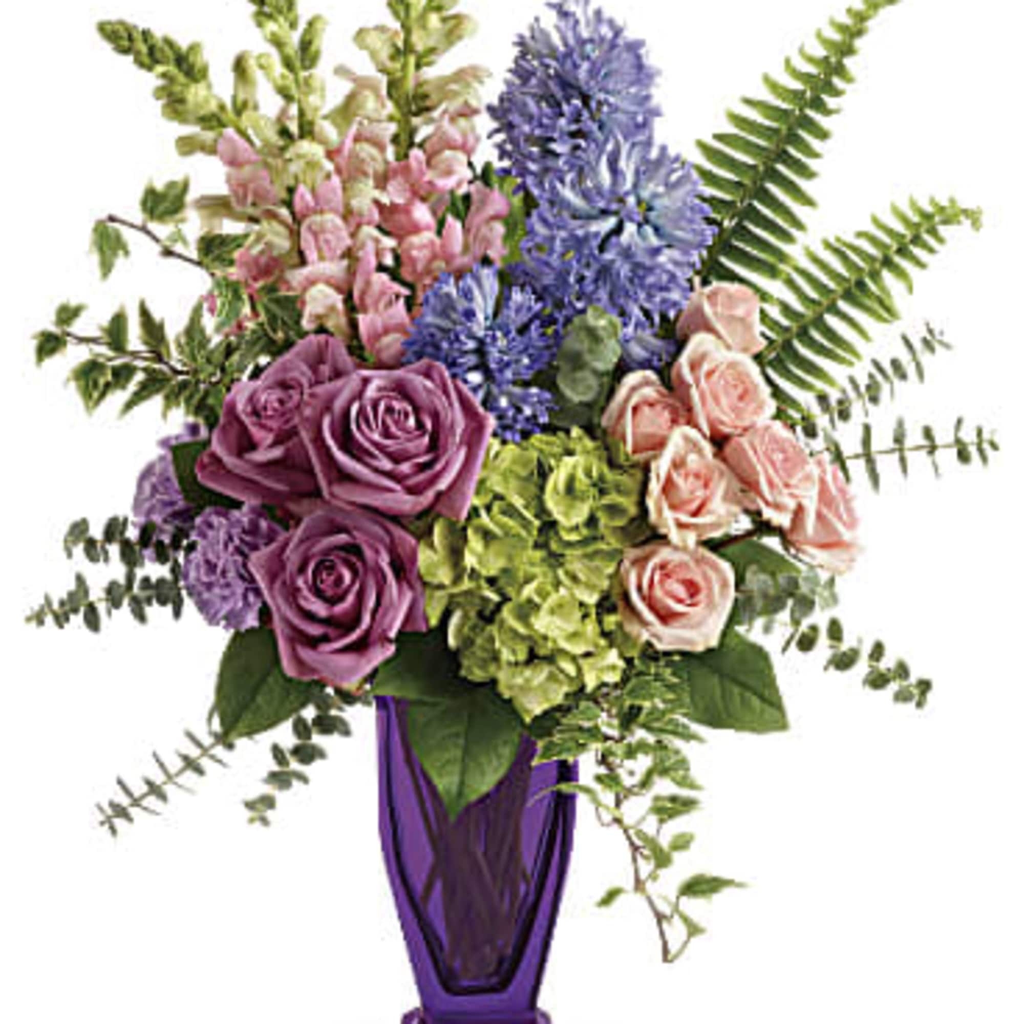Impressionist inspired, this painterly bouquet of green hydrangea, pink roses and lavender
