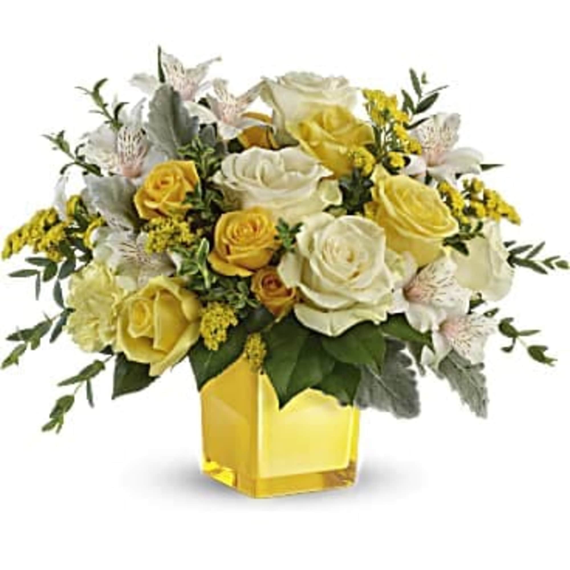 Like a ray of sunshine, this glorious yellow and white bouquet warms