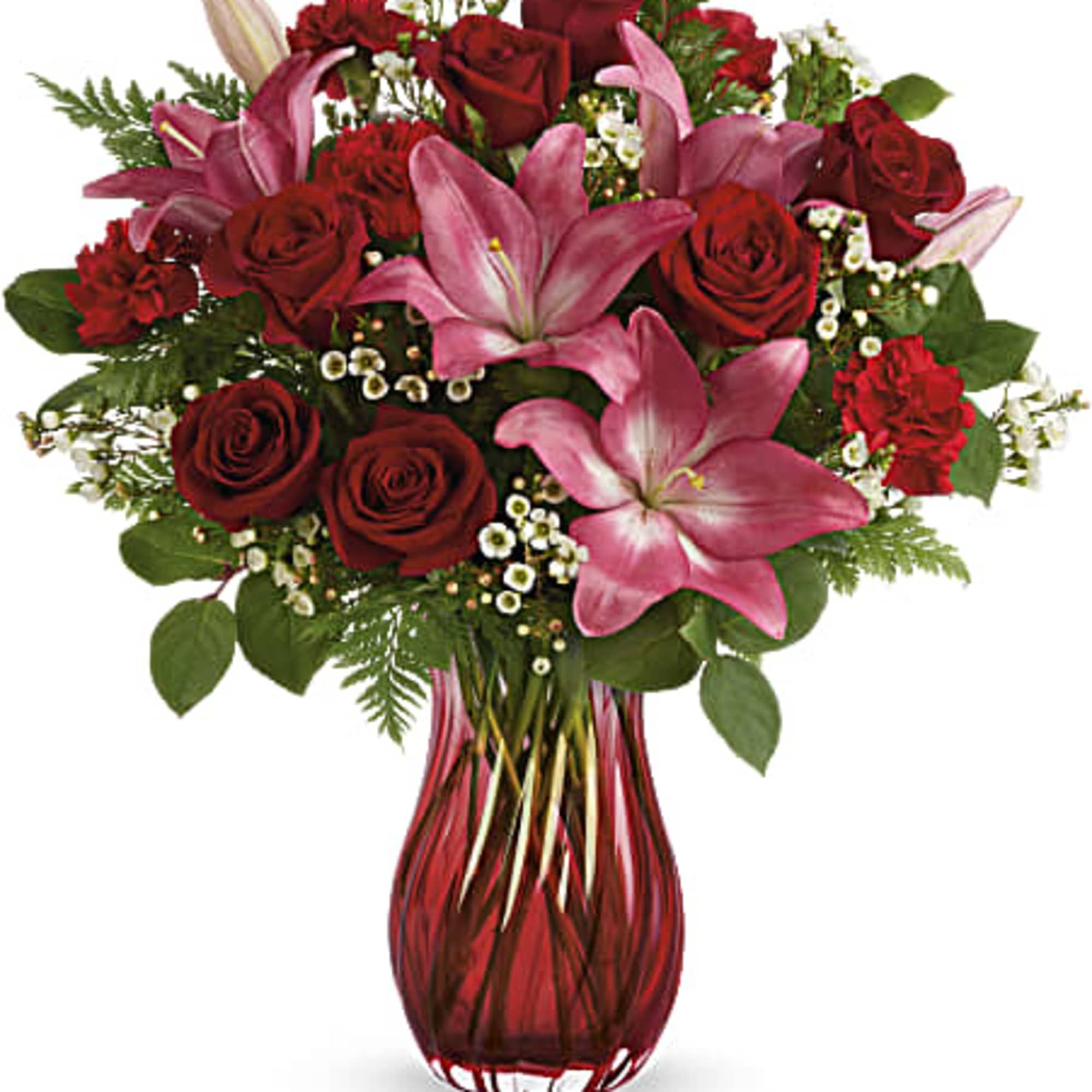 Elegantly swirling glass, radiant red roses and pretty pink lilies are sure