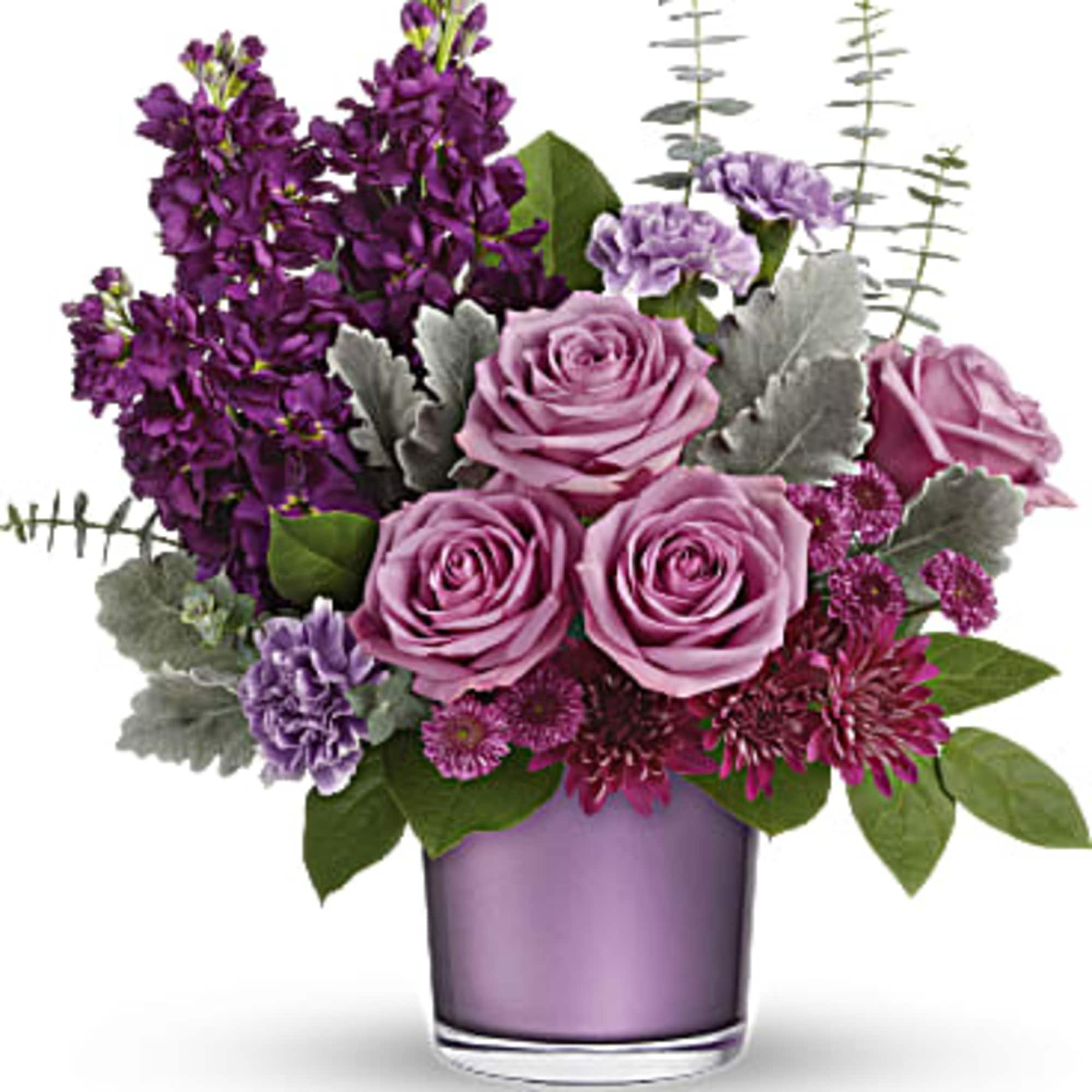 Shimmering with the beauty of a faceted amethyst, this luxurious rose bouquet