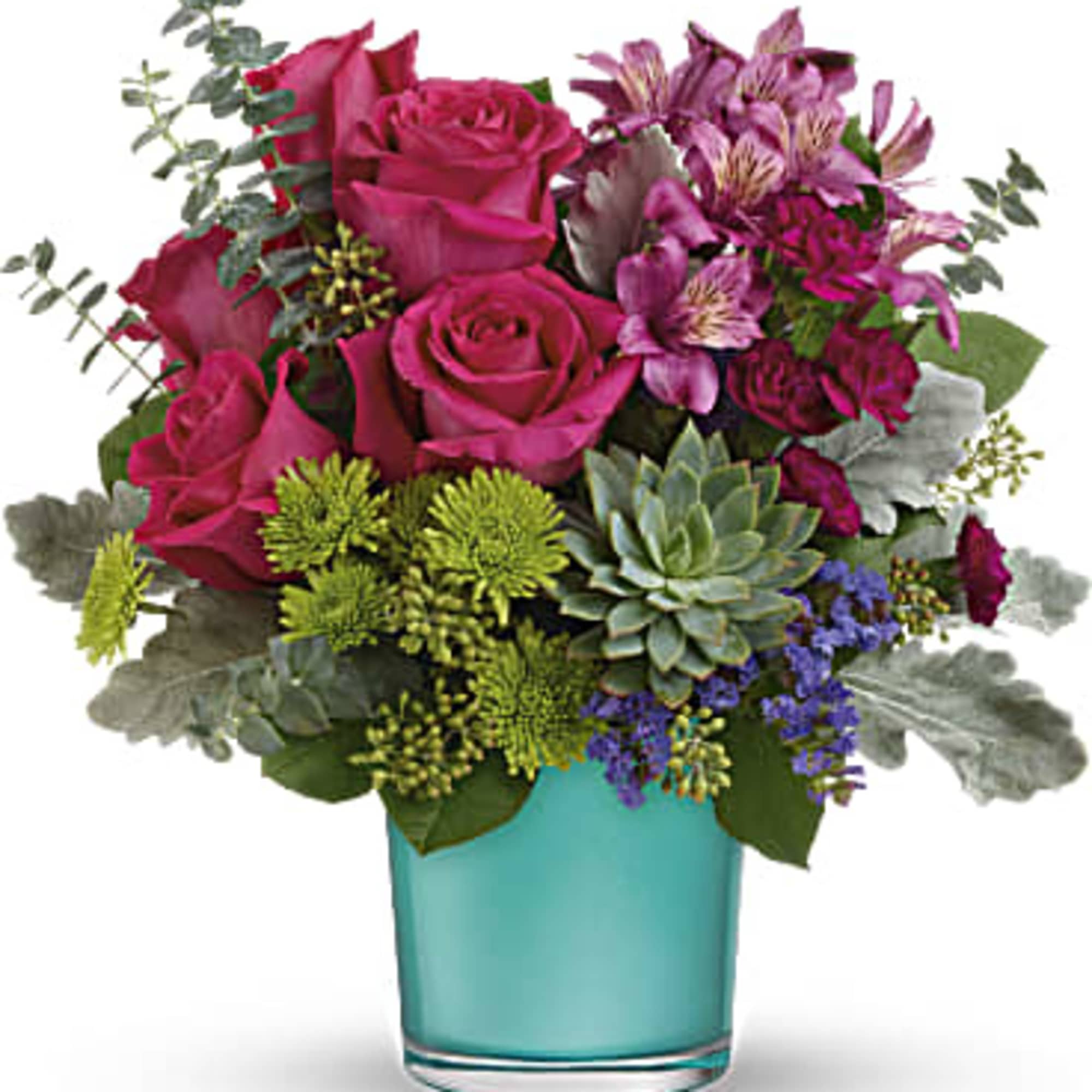 A wonderland of color! This vibrant mix of dark pink roses with