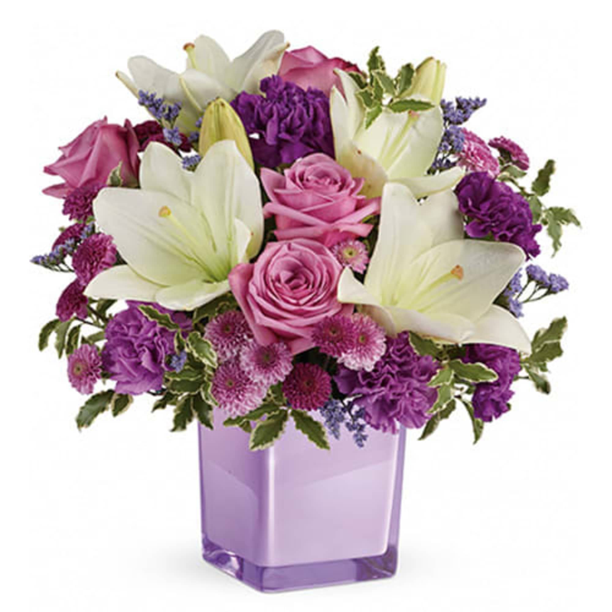 These luxurious lavender roses and crisp white lilies are poised to please!