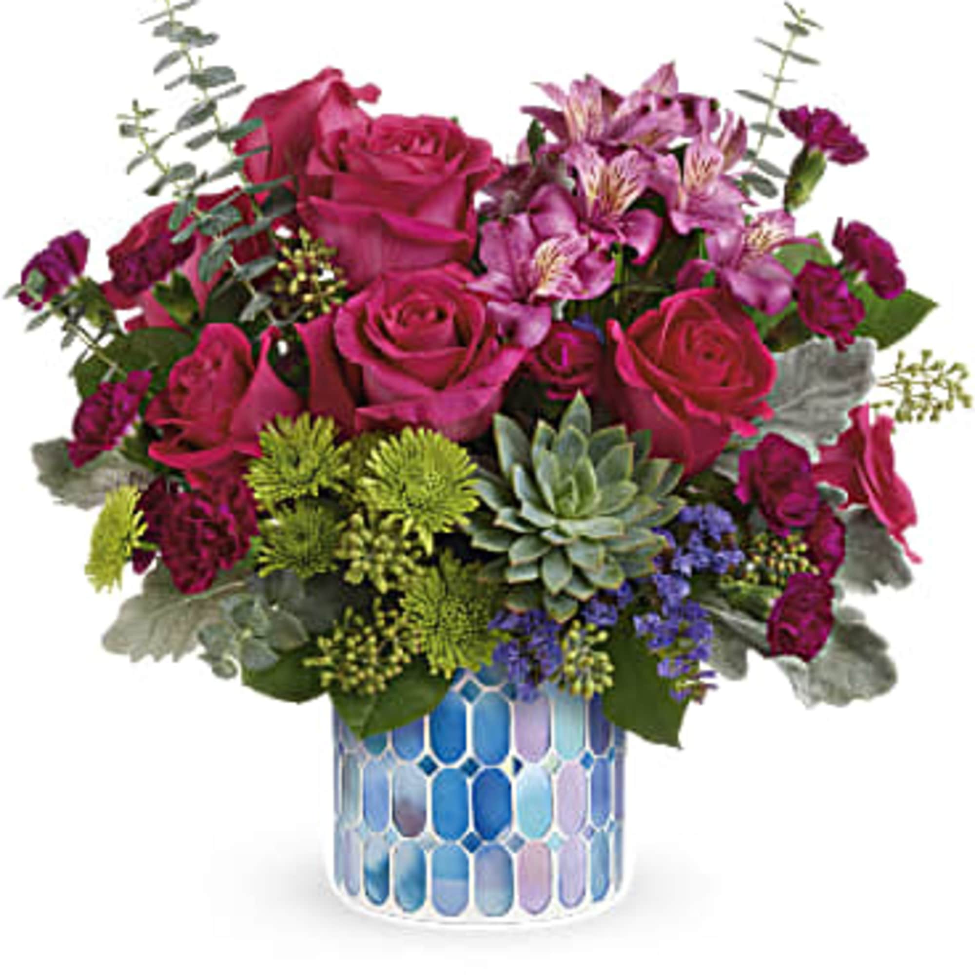 DESCRIPTION
VASE
SIZES
Presented in a shimmering mosaic vase of blue stained glass, this cheerful
