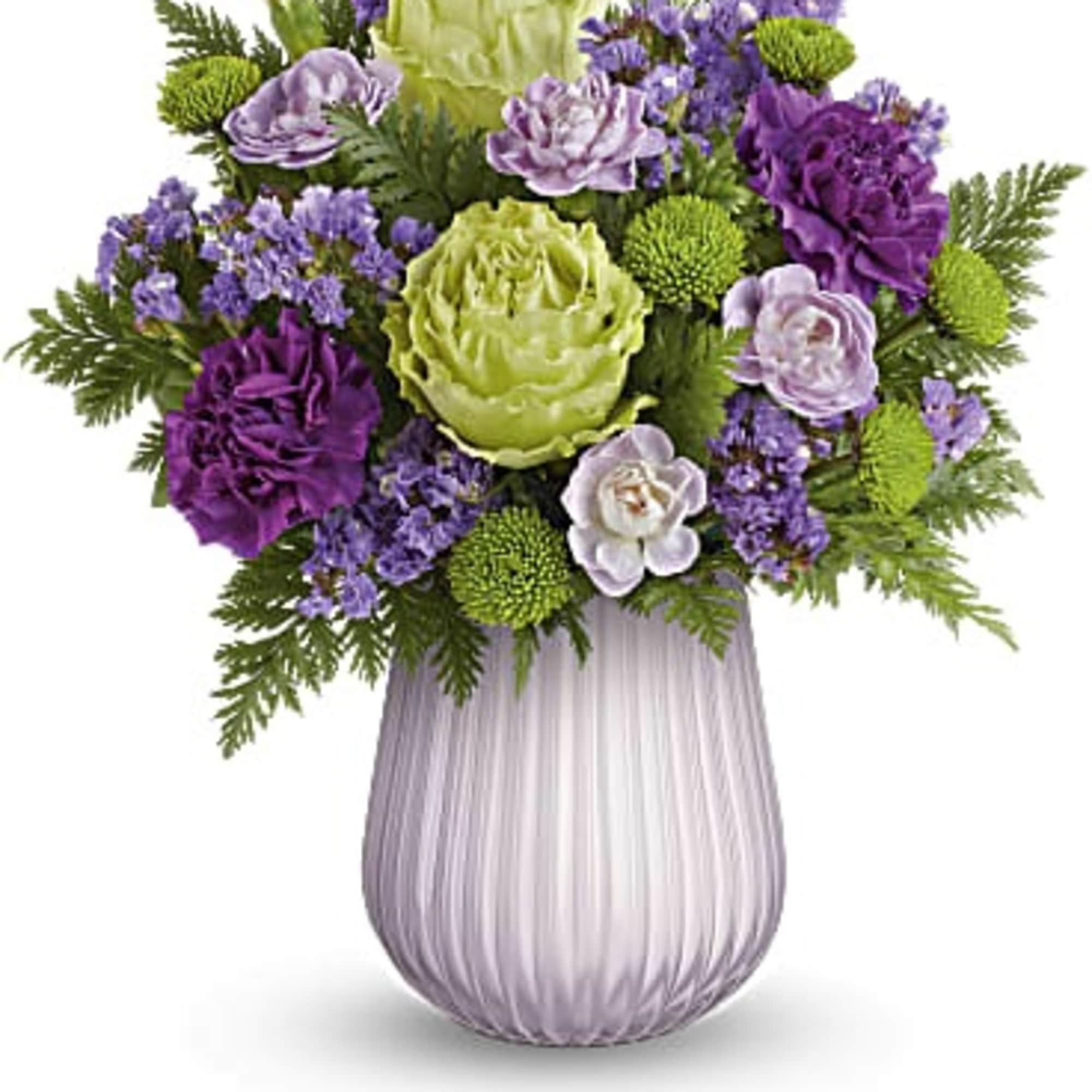 Sweet as can be, this pretty purple and green bouquet gets a