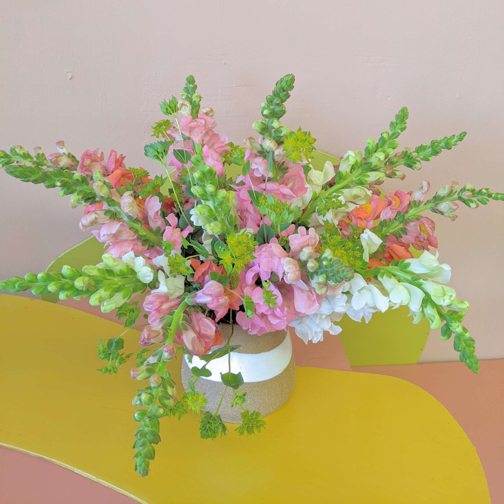 An array of snapdragons in a earthy vase is perfect for anyone