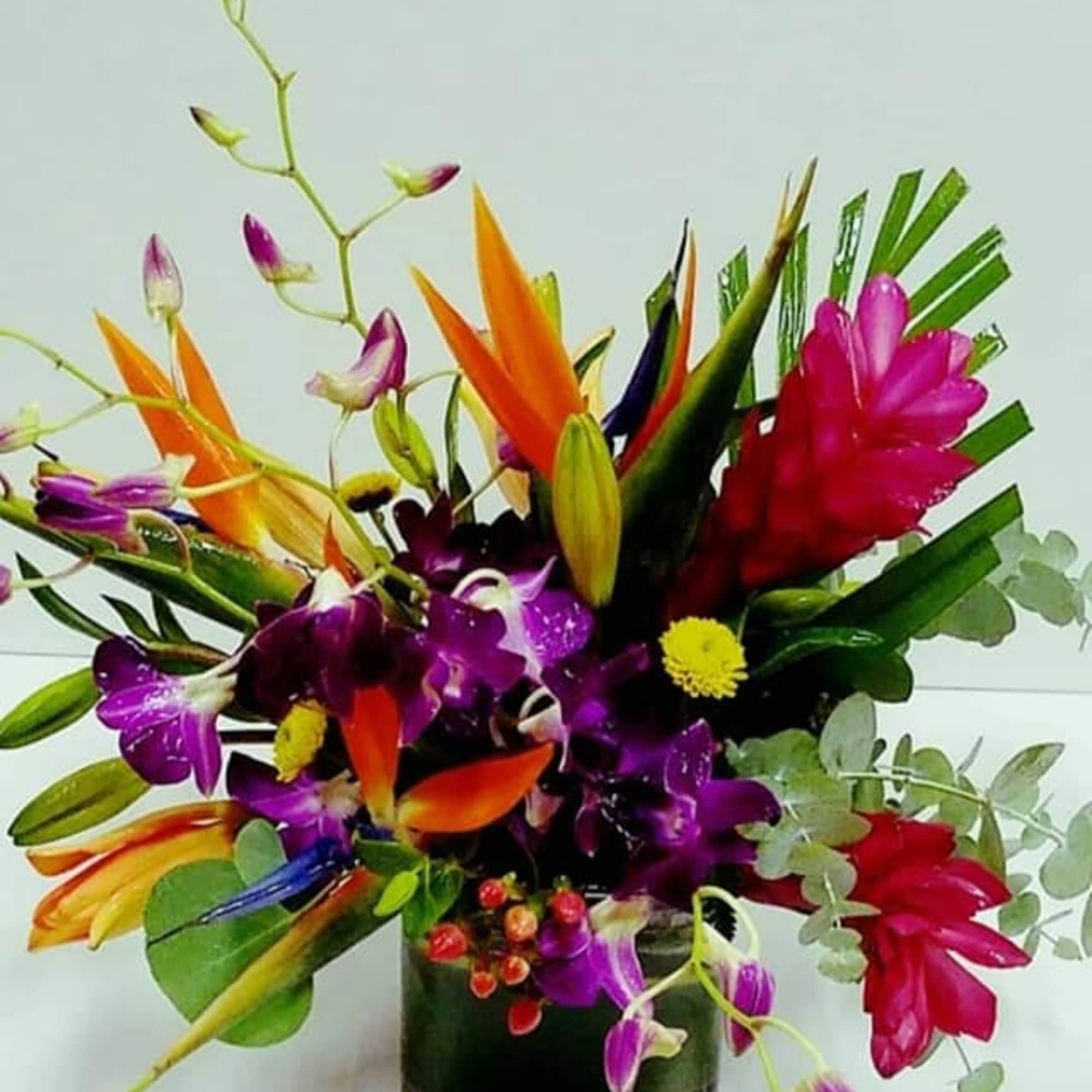 This wonderful array of exotic flowers is a contemporary work of floral