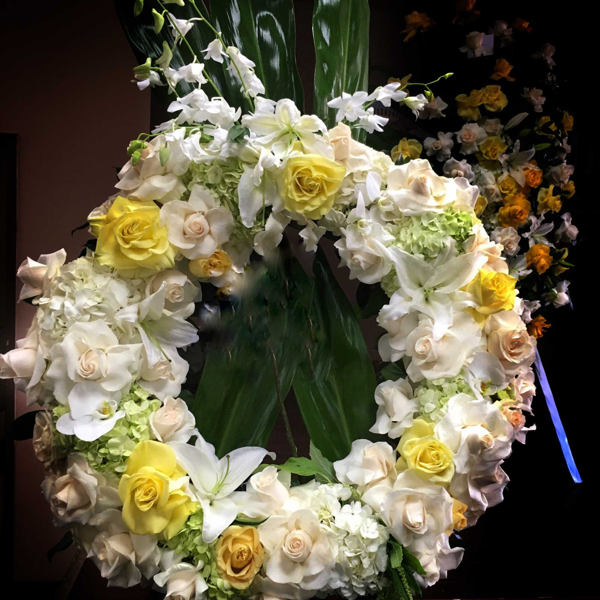 Roses, Hydrangea, Lilies and more on 18&quot; ring. (include stand)
 (Deluxe and
