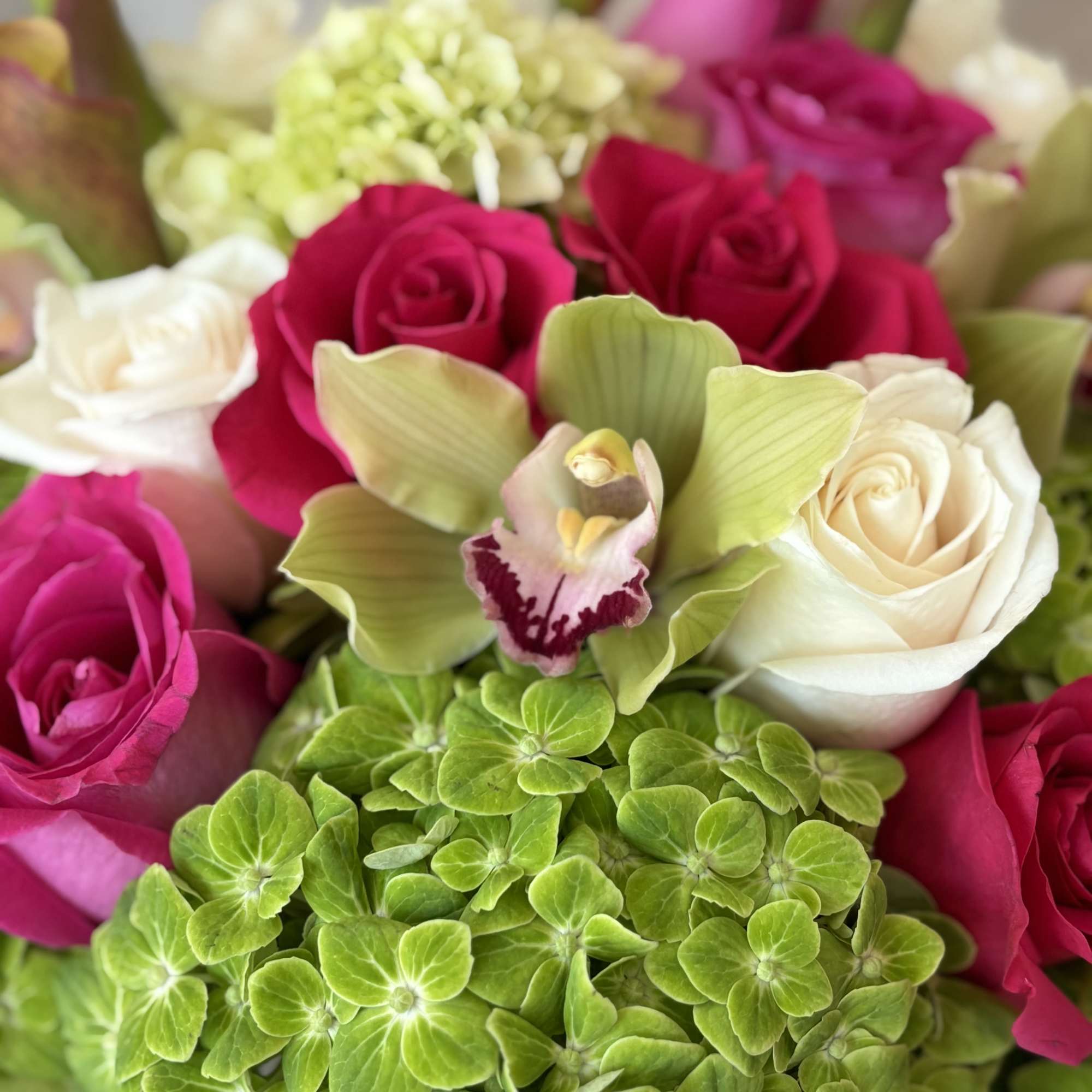 Serena is a striking floral arrangement that includes vibrant&amp;nbsp; orchids,calas,&amp;nbsp; white roses