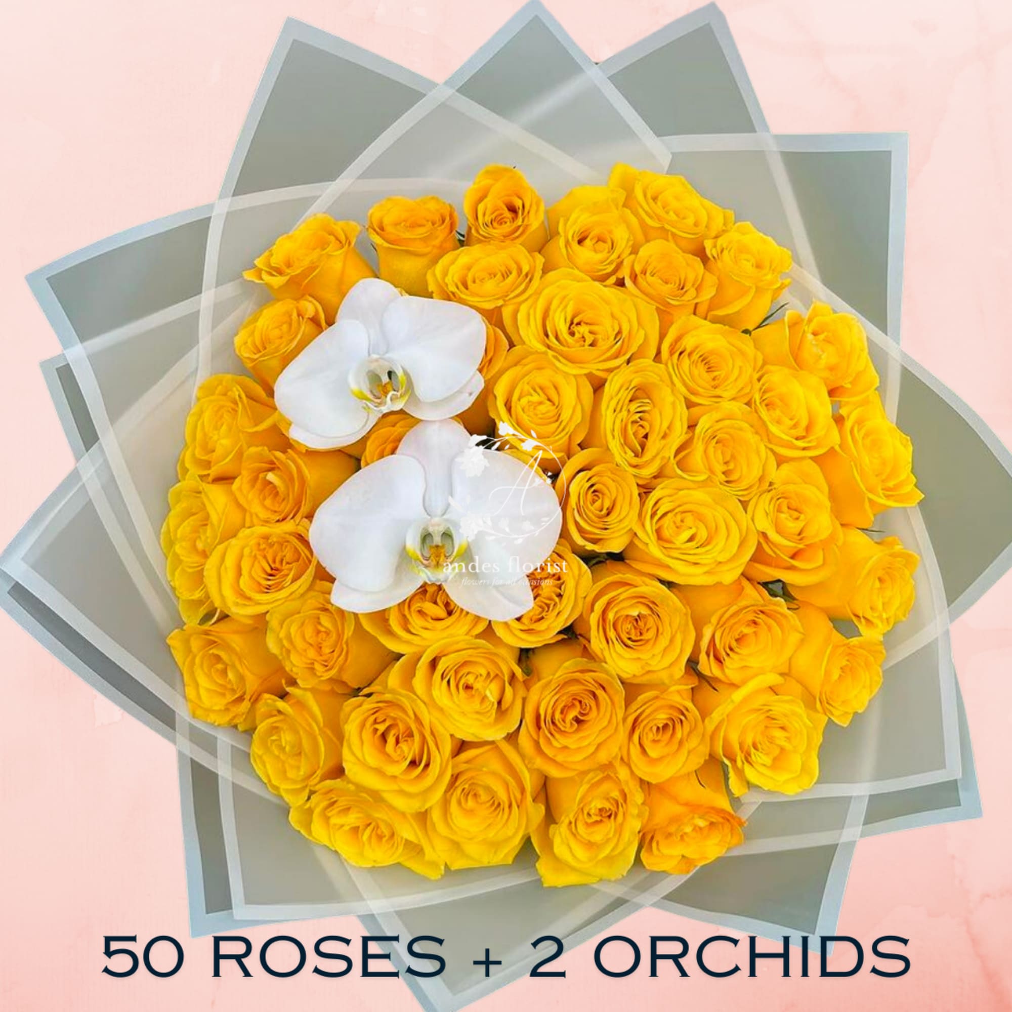 Grand Rose Wrap - 50 Yellow Roses + Orchids in Torrance, CA | Andes Florist, image size:2000x2000