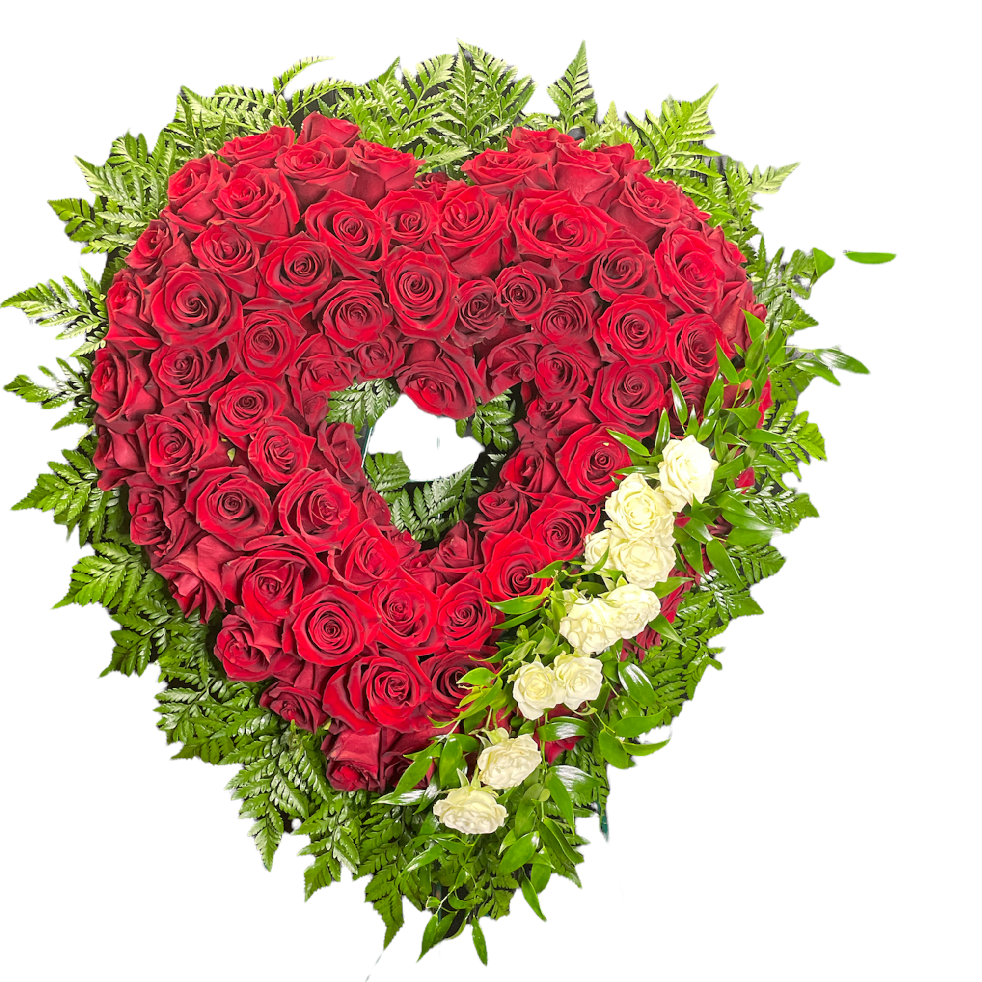 A beautiful red and white open heart with all roses
