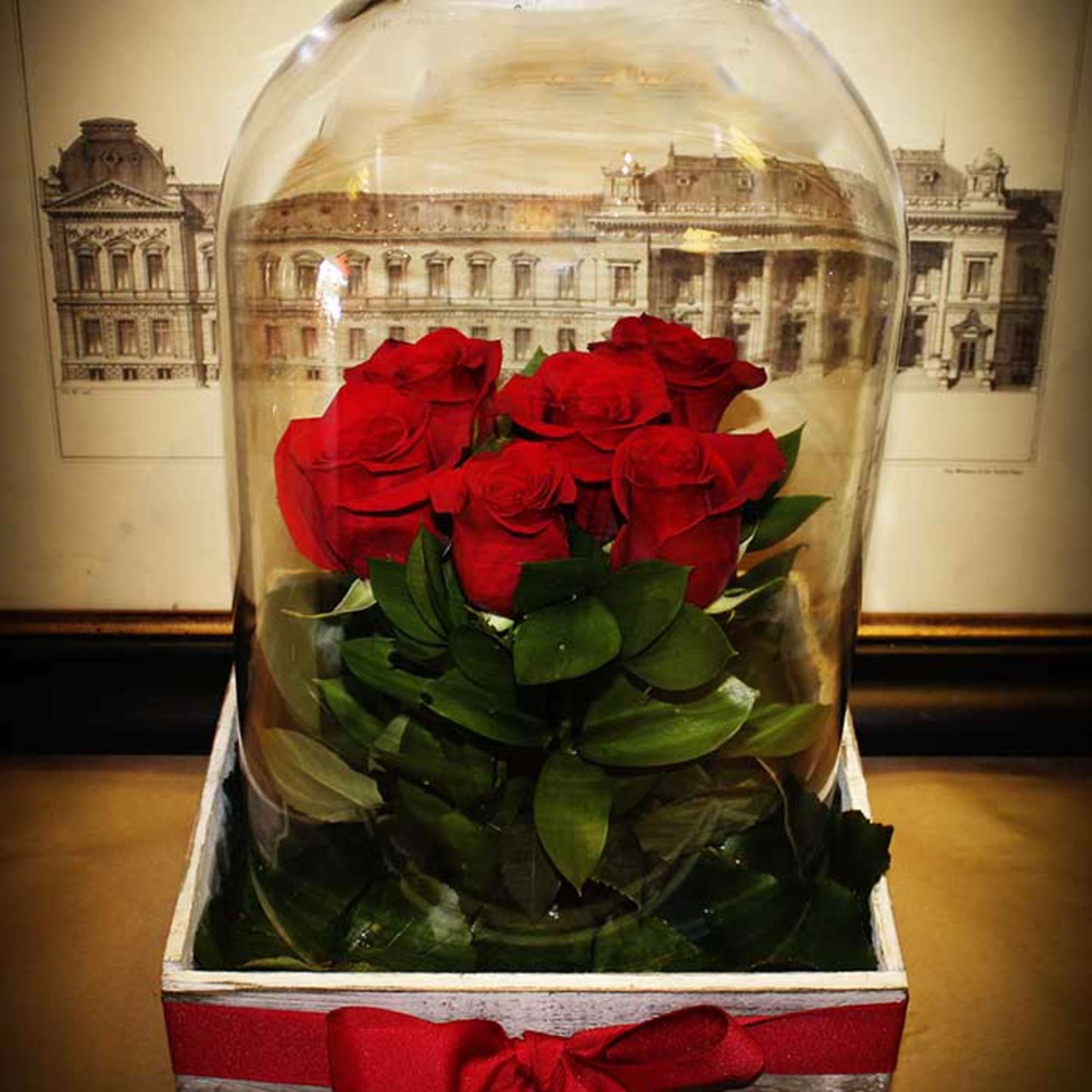 Red roses under a cloche dome.by The Conservatory Florist