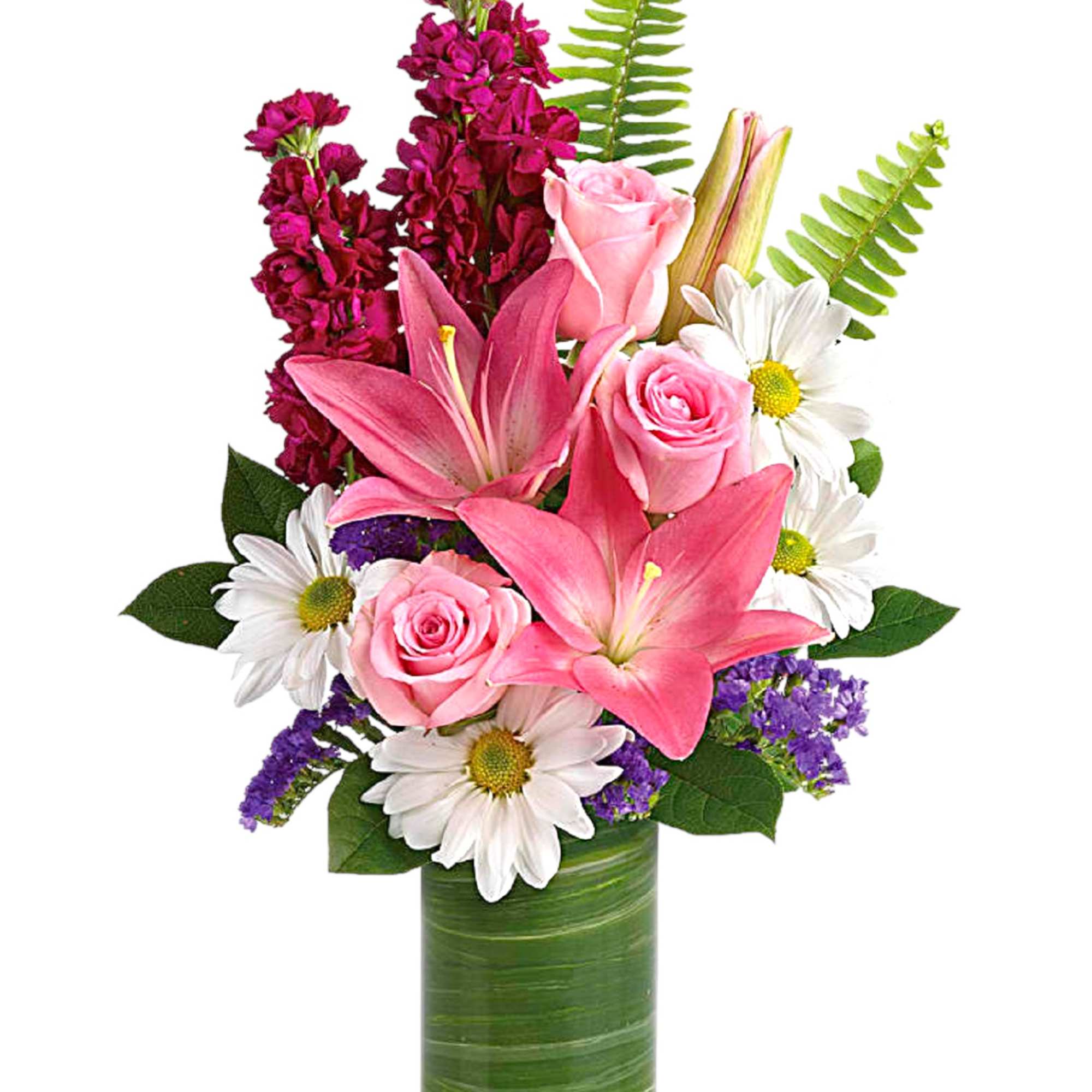Full of whimsy, this playful bouquet of pink roses, white daisies, pink