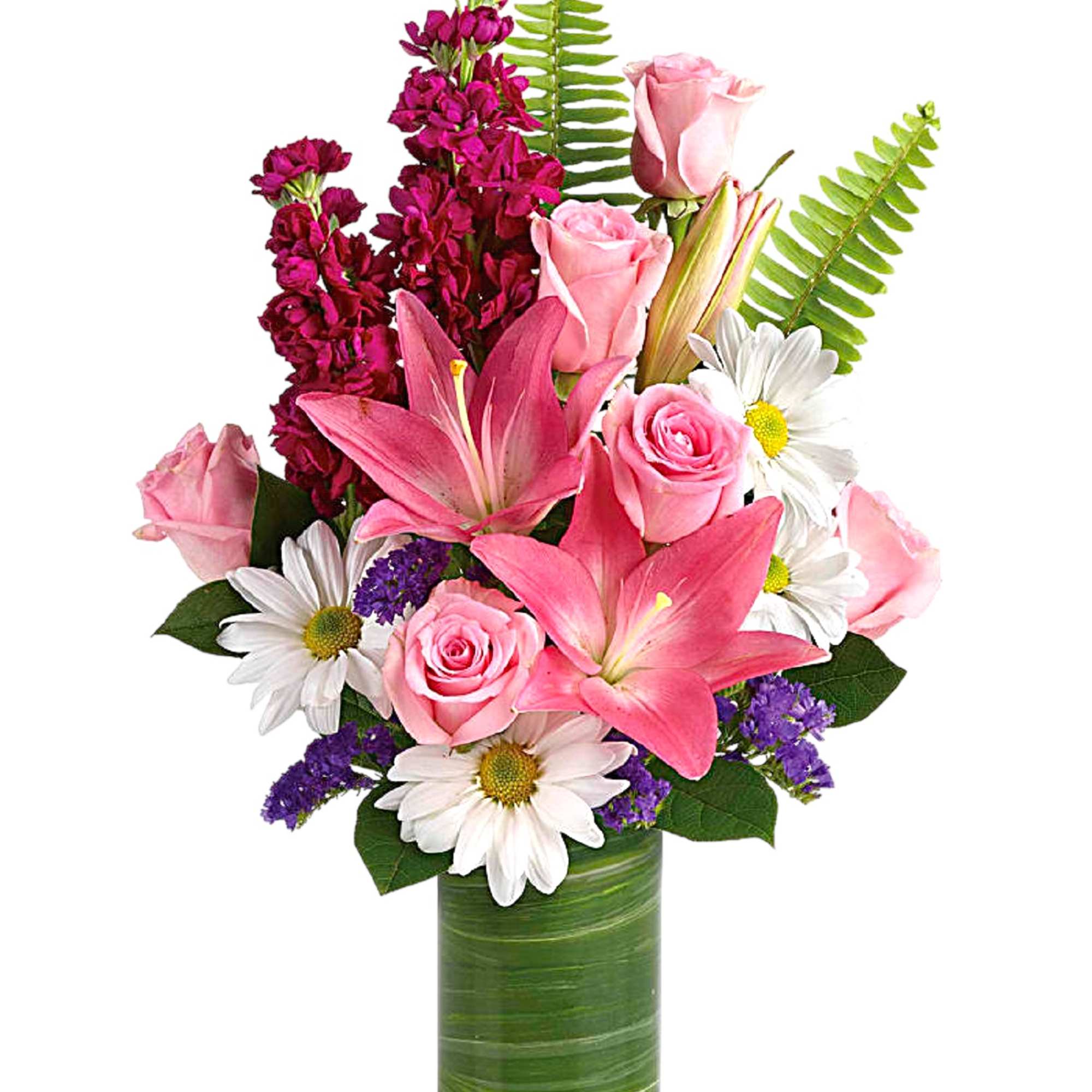 Full of whimsy, this playful bouquet of pink roses, white daisies, pink