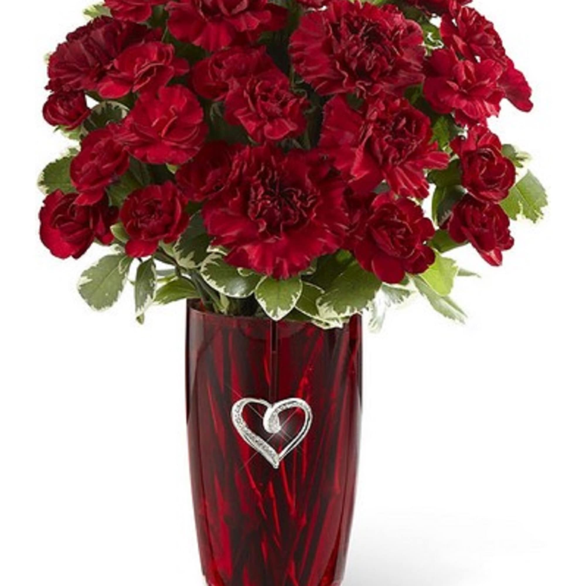 This vase includes a brilliant burst of red carnations and beautiful greens.