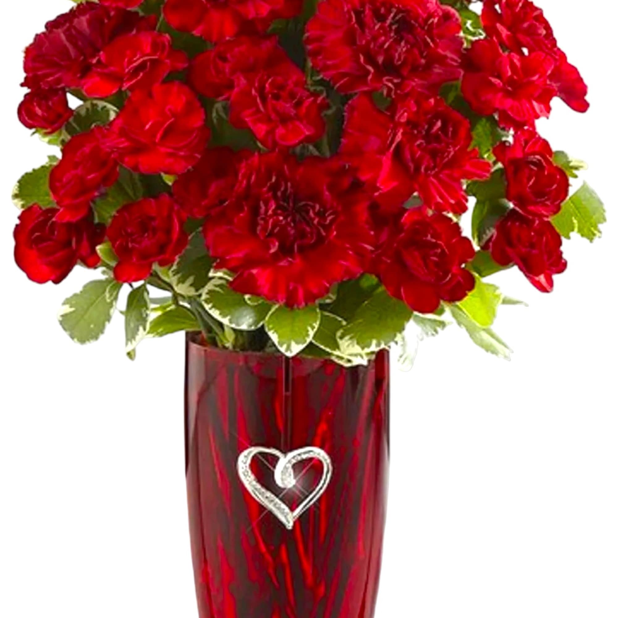 This vase includes a brilliant burst of red carnations and beautiful greens.