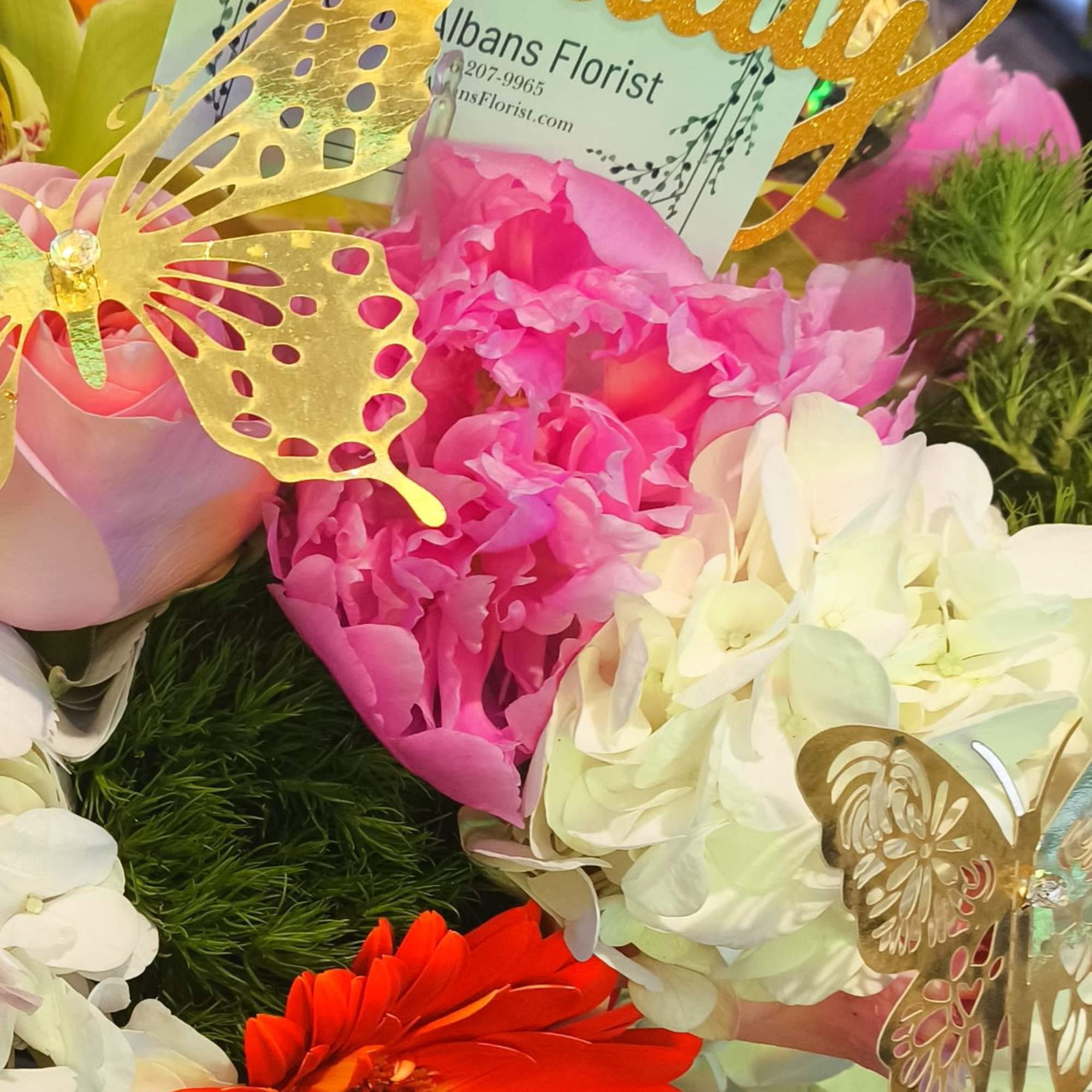 Extra beautiful high end expensive orchids, sunflowers, with peony and hydrangeas with