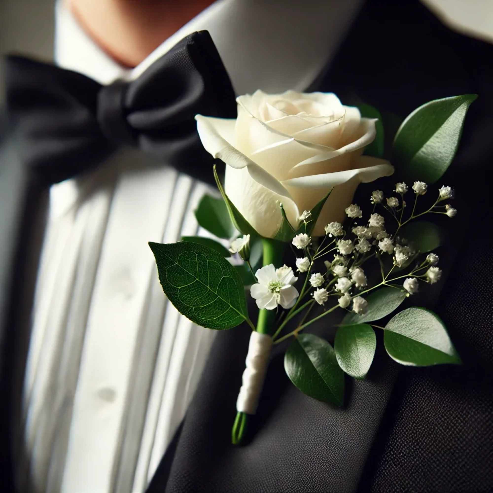 A classic white rose, white Monte casino and variegated pittosporum are hand-crafted