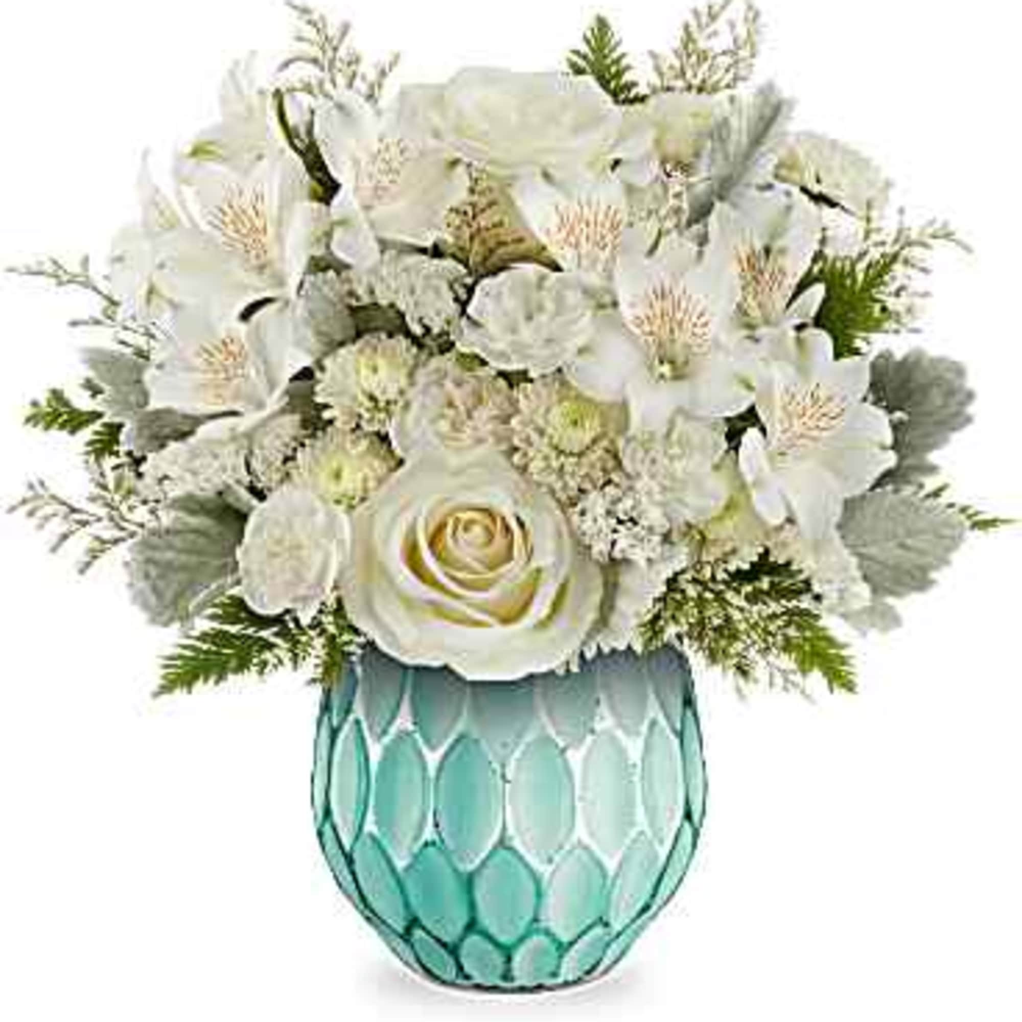 Elegant and stylish, this monochromatic white rose bouquet is elevated by a Elegant and stylish, this monochromatic white rose bouquet is elevated by a