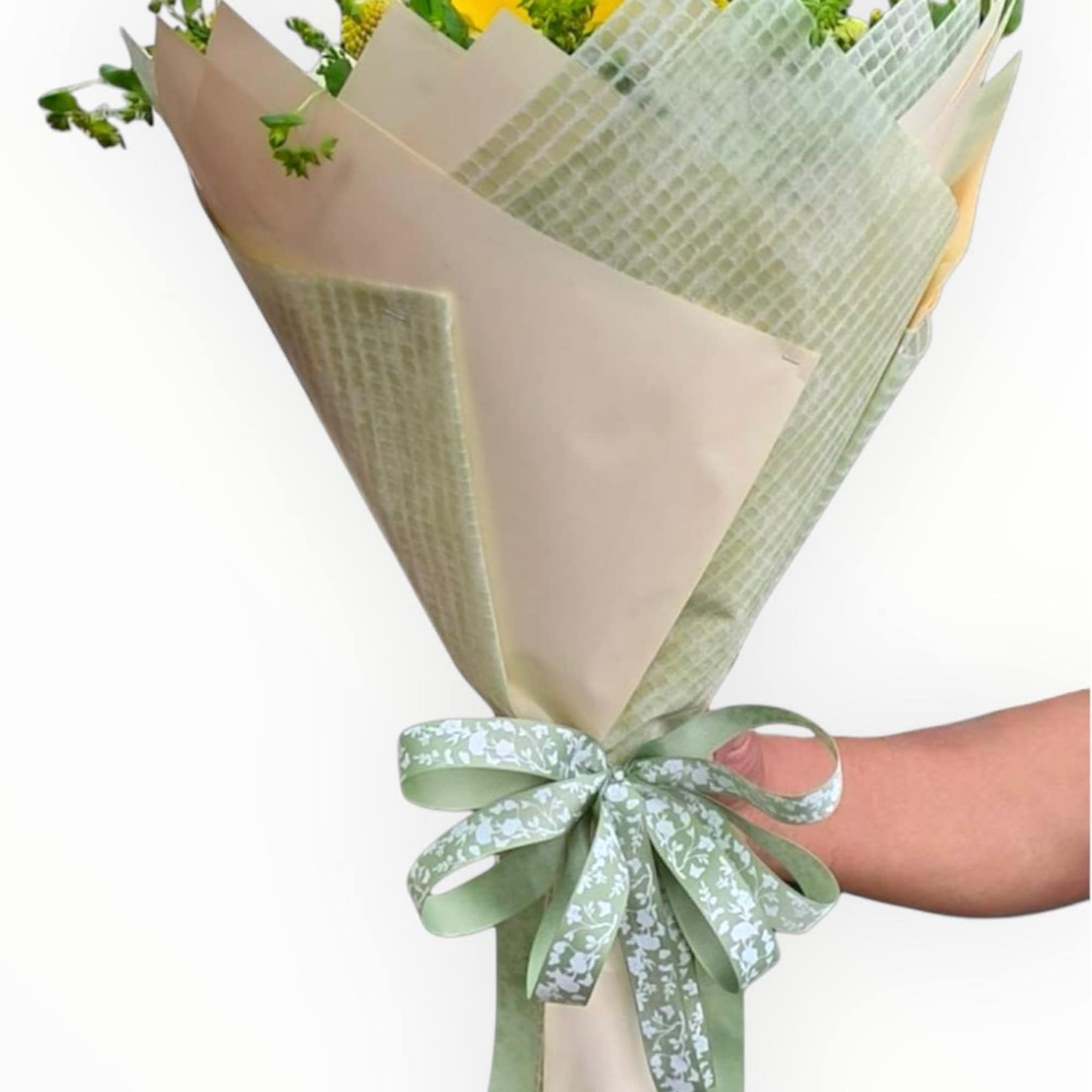 This wonderful wrap bouquet has sunflowers, calla lilies, roses, craspedia, lavender color