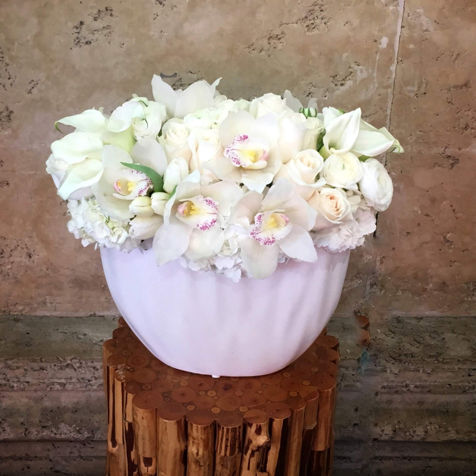 White Roses, Calla Lilies, Hydrangea, more elegant flowers ... in glass vase.