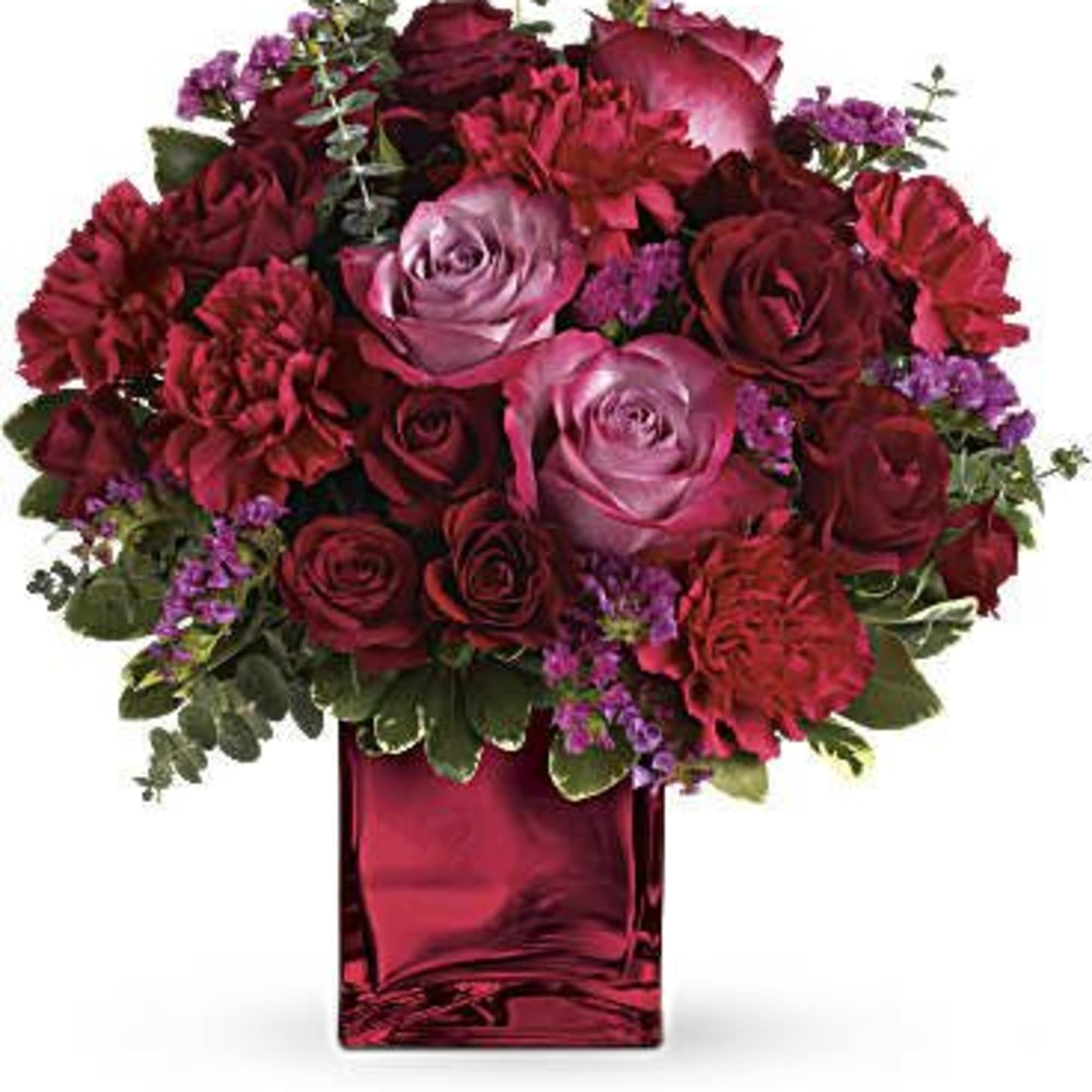 Pure passion. Bedazzle your beloved with luscious red and lavender roses in Pure passion. Bedazzle your beloved with luscious red and lavender roses in