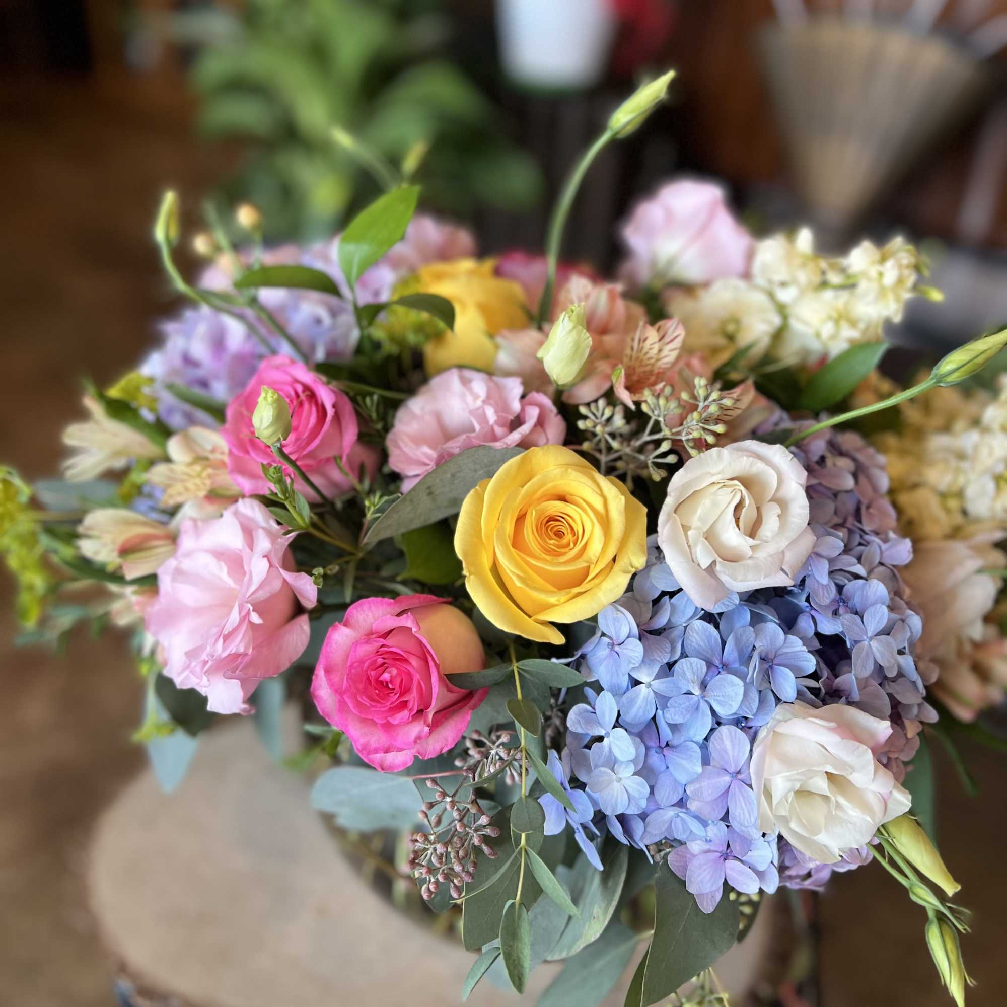 This whimsical, dream arrangement is perfect for Mother&rsquo;s Day! It contains hydrangea