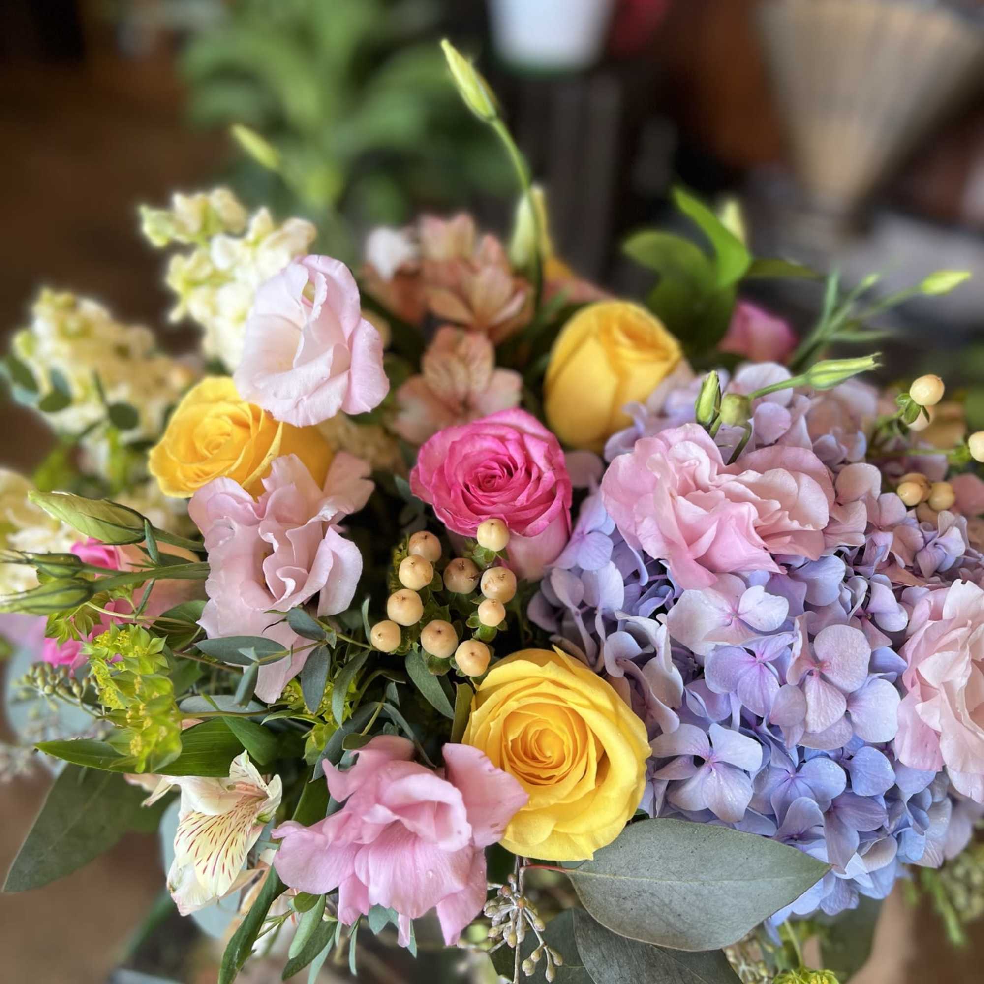 This whimsical, dream arrangement is perfect for Mother&rsquo;s Day! It contains hydrangea