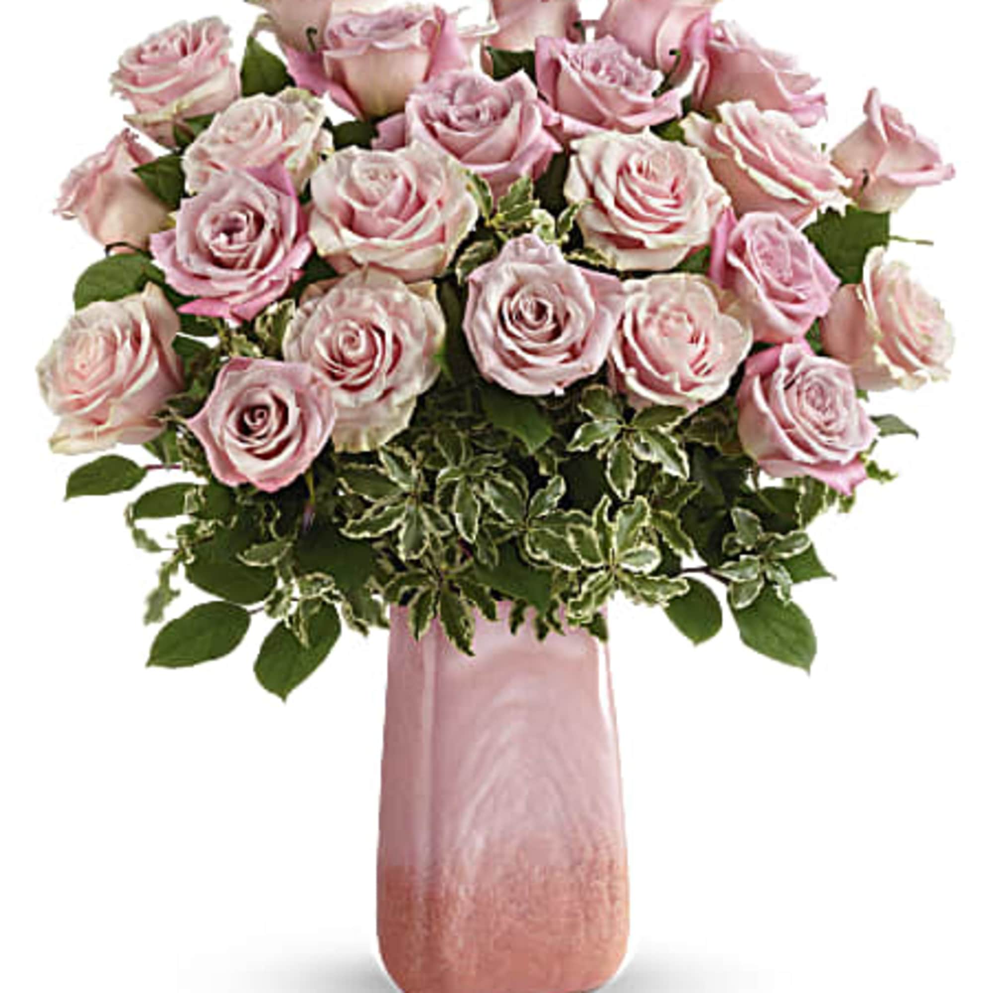 One dozen lush pink roses look absolutely divine in this cherry quartz-inspired One dozen lush pink roses look absolutely divine in this cherry quartz-inspired