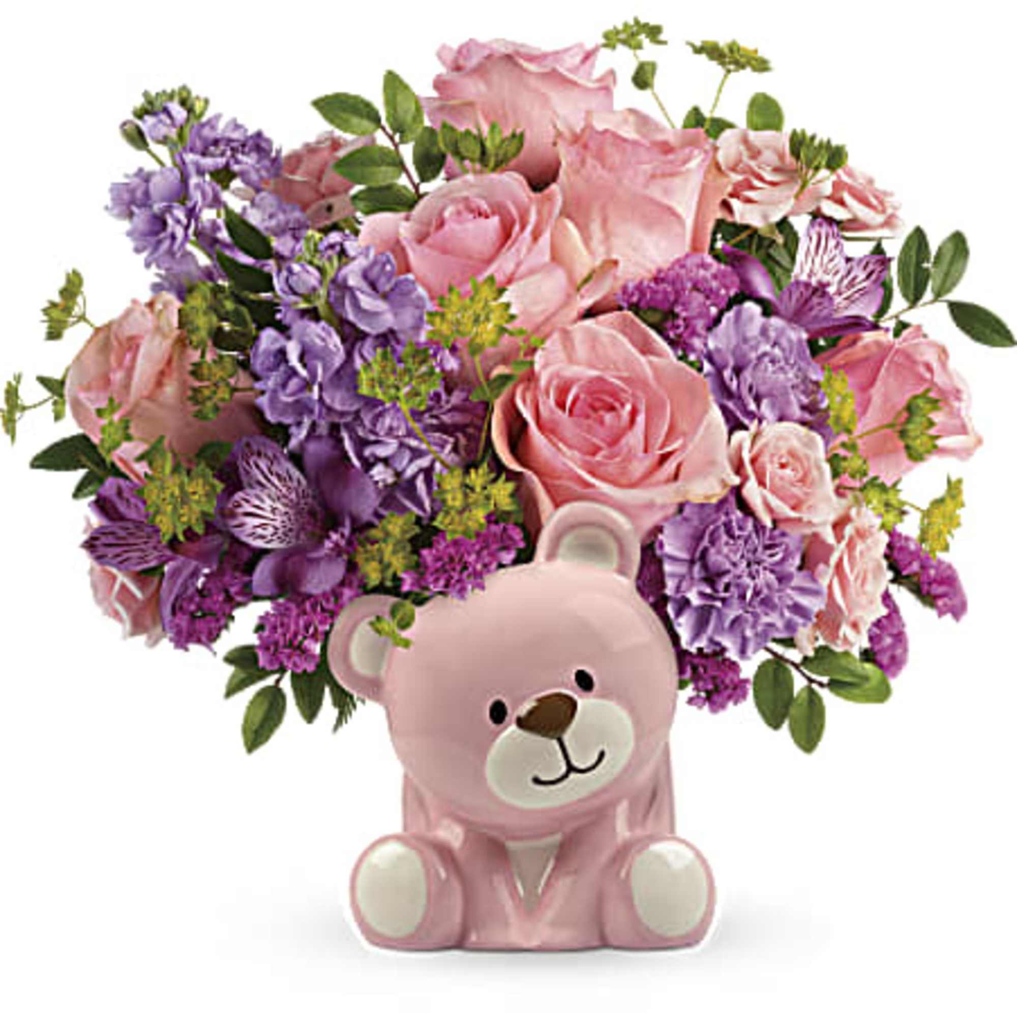 Congratulate the new parents with this sweet bouquet of pink roses and