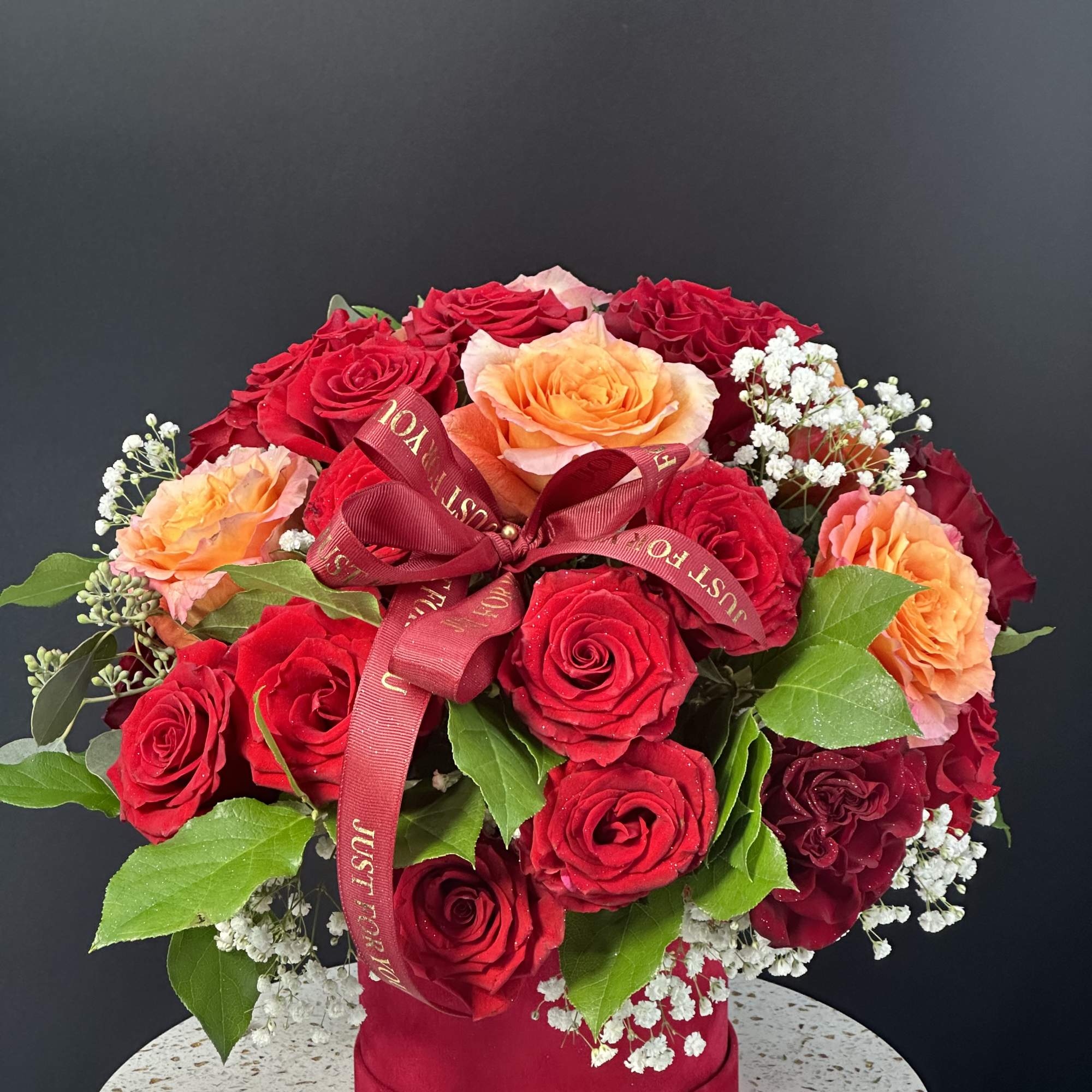 Box of beauty and  luxurious roses, unusually   arrangement in