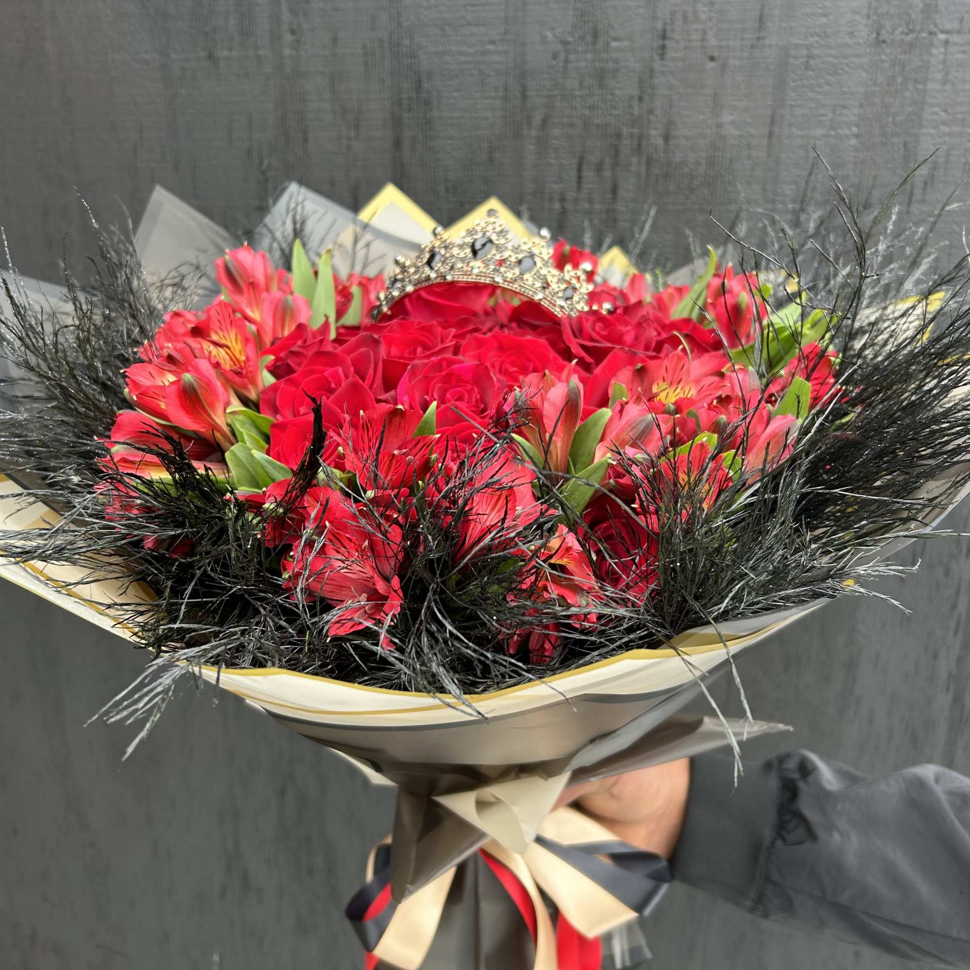 Long stems of red roses with ribbon and wrappers. (available in different
