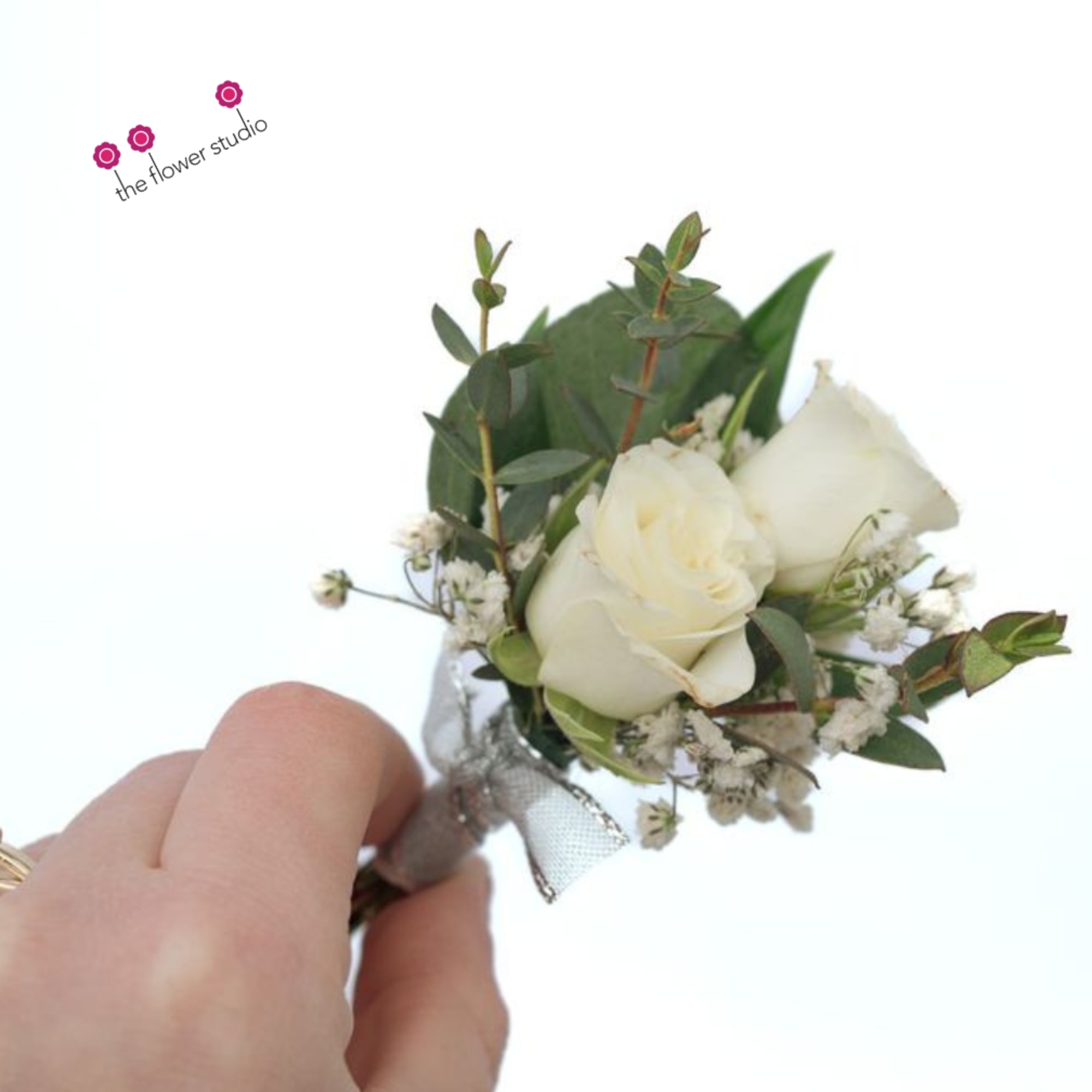 Traditional rose boutonniere - white or red, with ribbon matching.
Fillers and greens